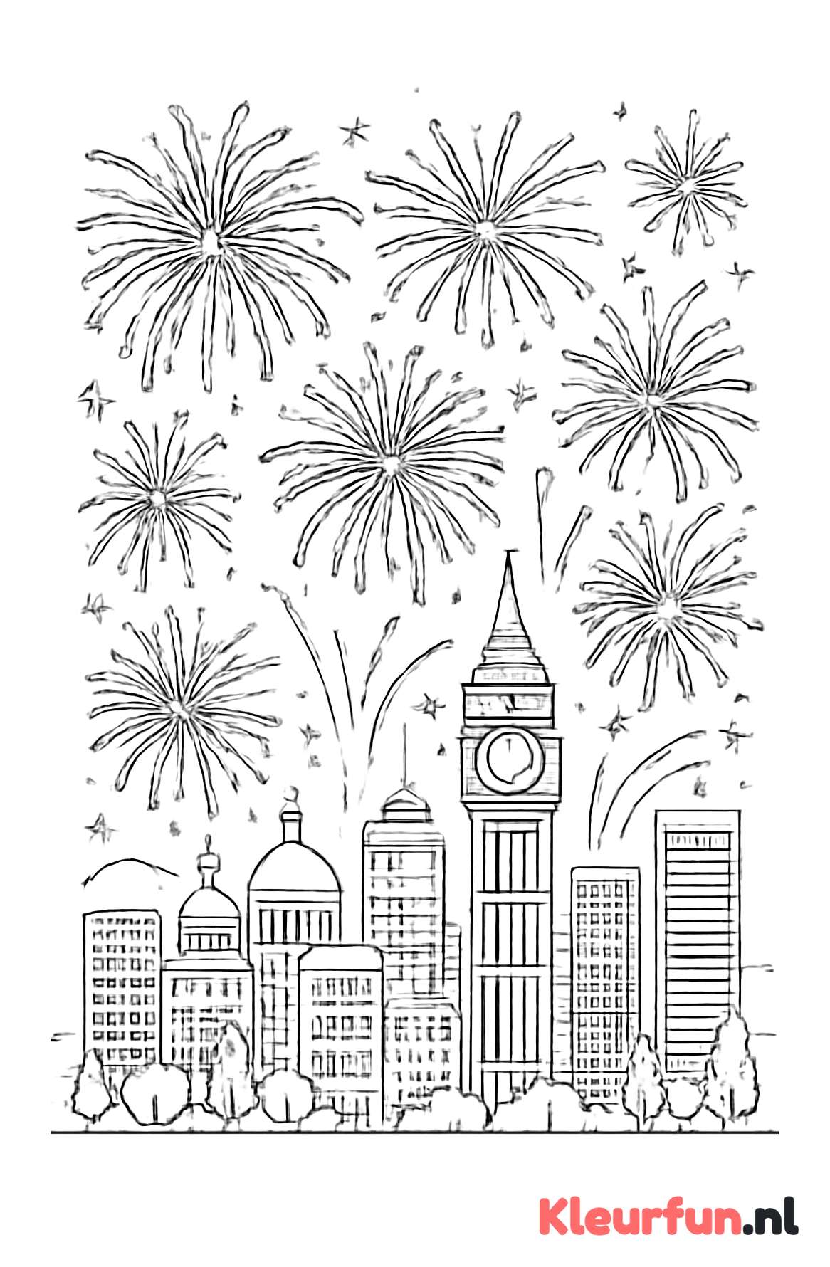 Stadsbeeld met Vuurwerk op Nieuwjaarsavond