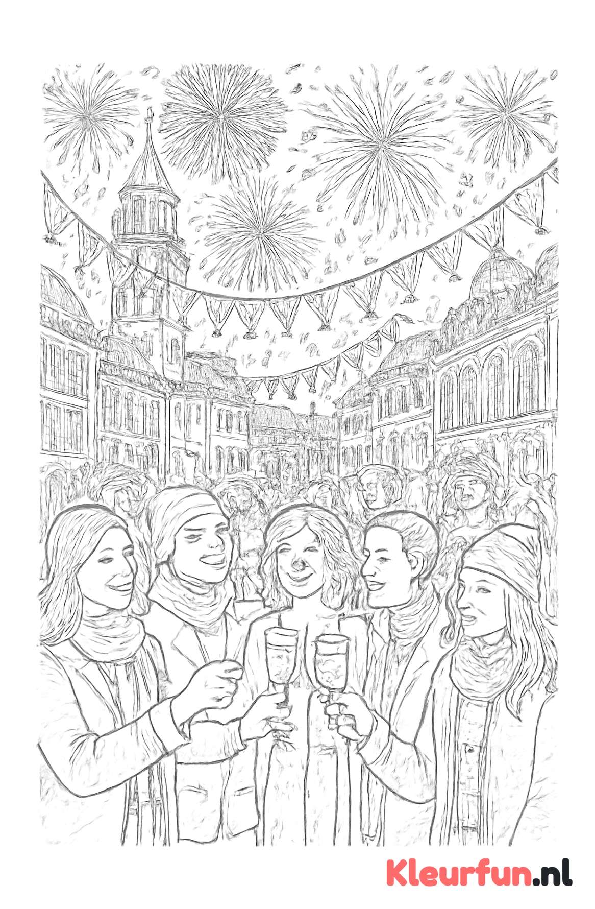 Stadsfeest met vuurwerk en feestvierders