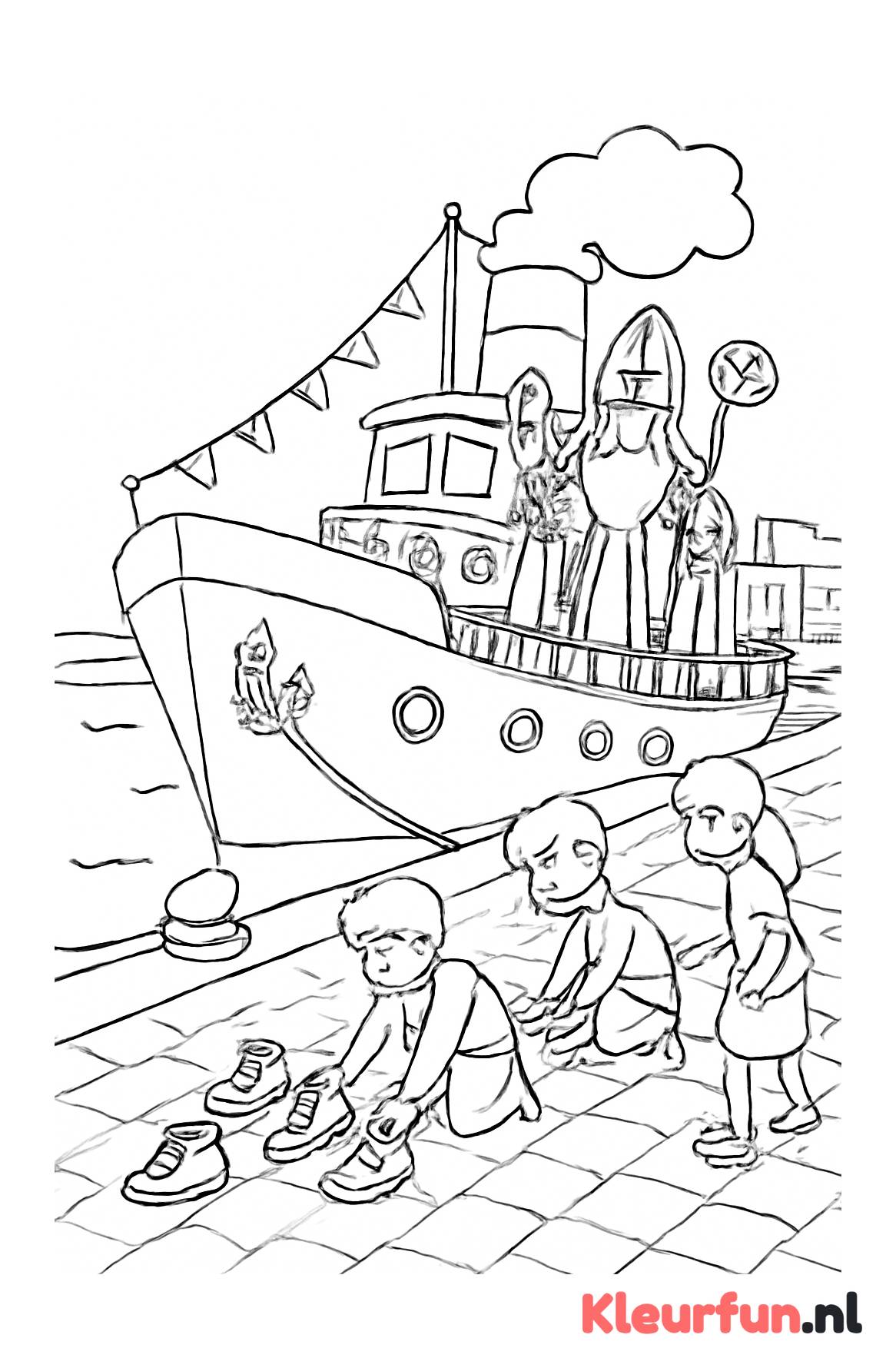 Stoomboot aanleggen in de haven met schoentjes en Sinterklaasfiguur