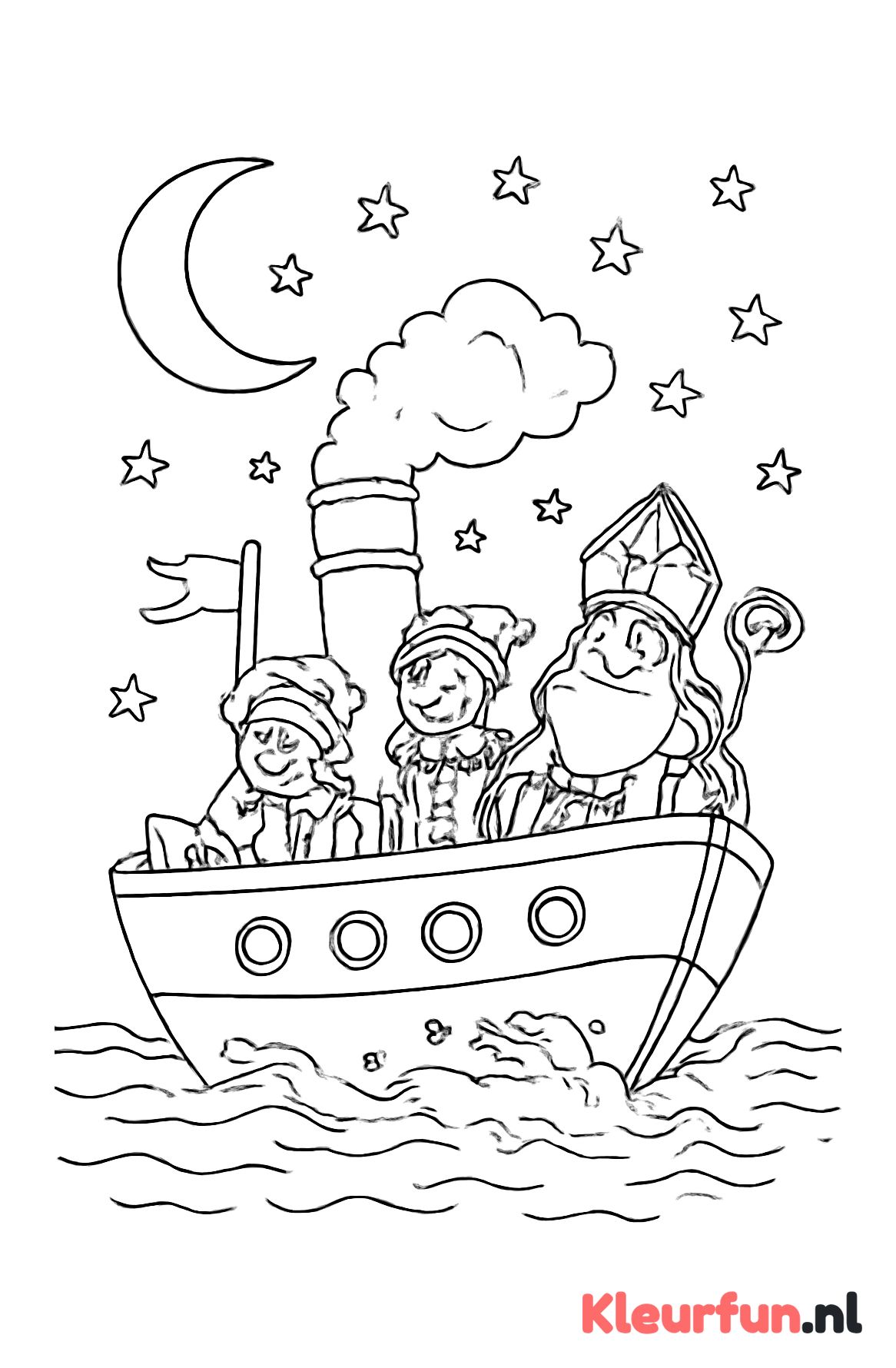 Stoomboot vaart door lucht met maan en sterren, Sinterklaas geniet