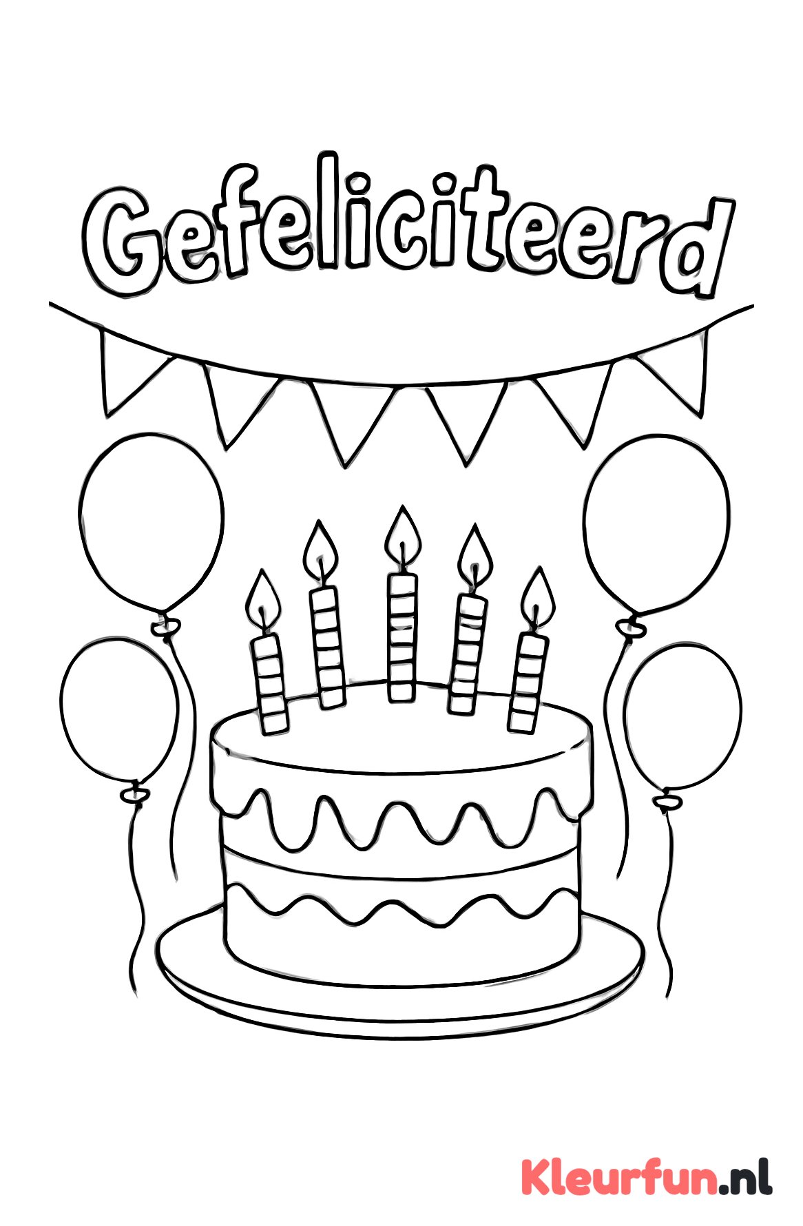 Verjaardagstaart met ballonnen en 'Gefeliciteerd'