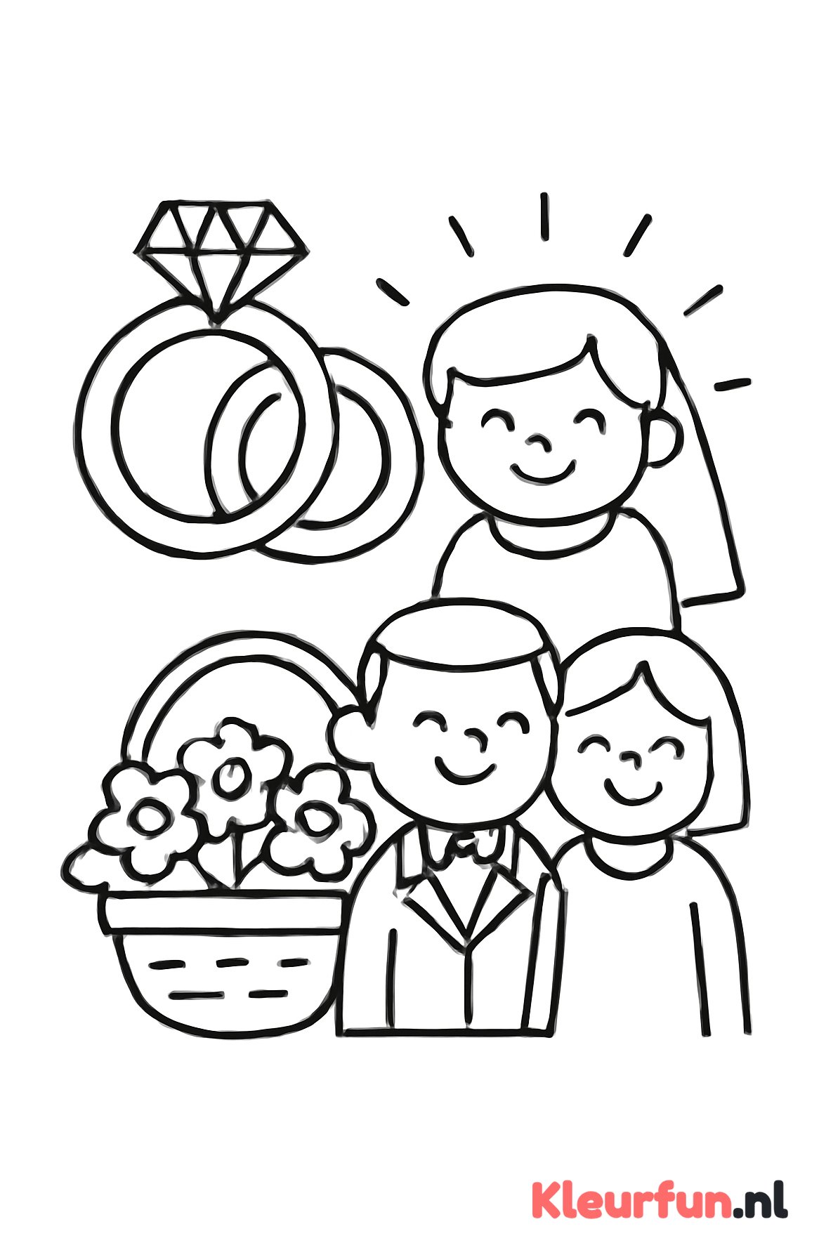 Trouwdag met grote ringen en bloemen