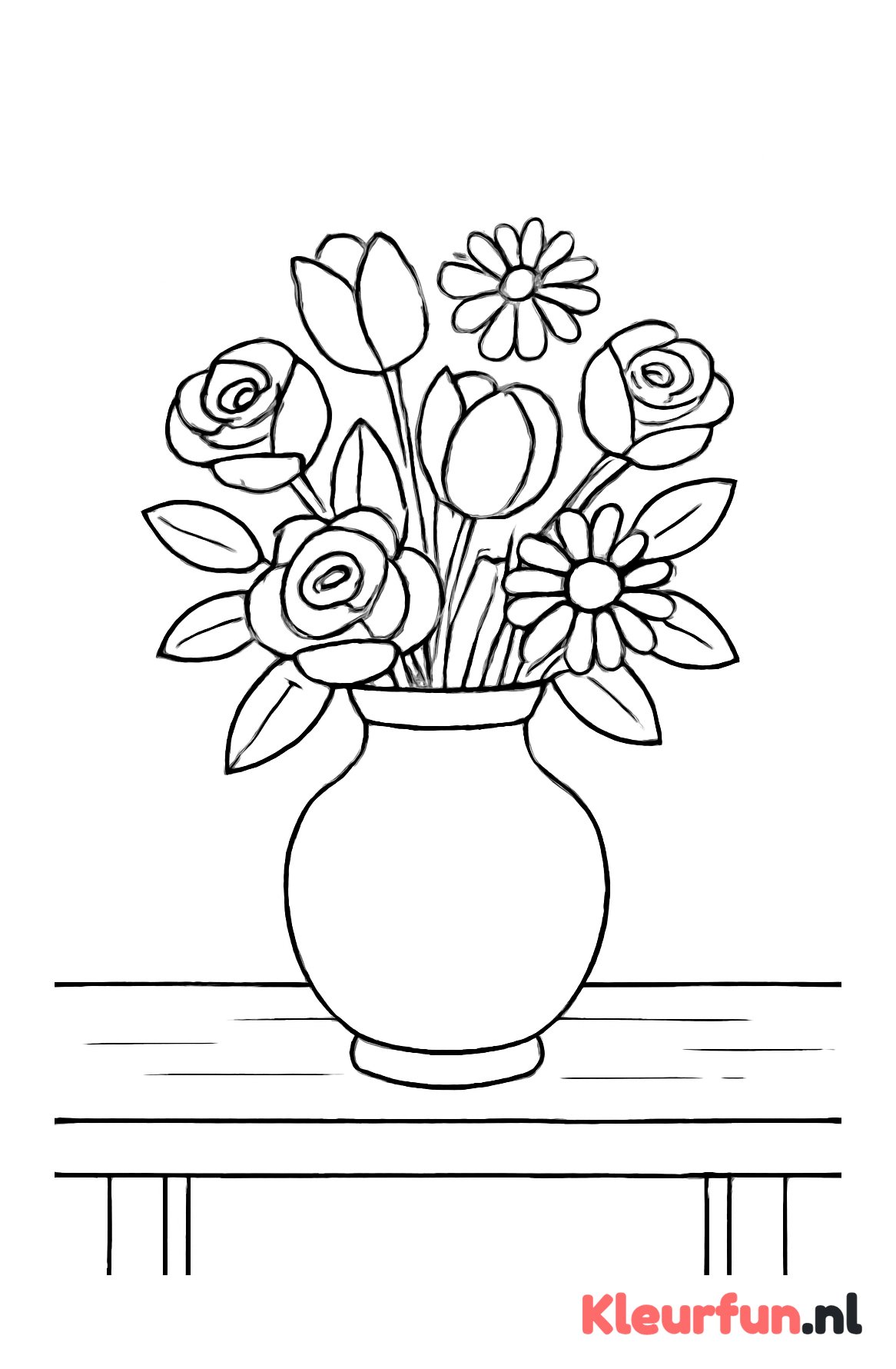 Vaas met tulpen, rozen en madeliefjes