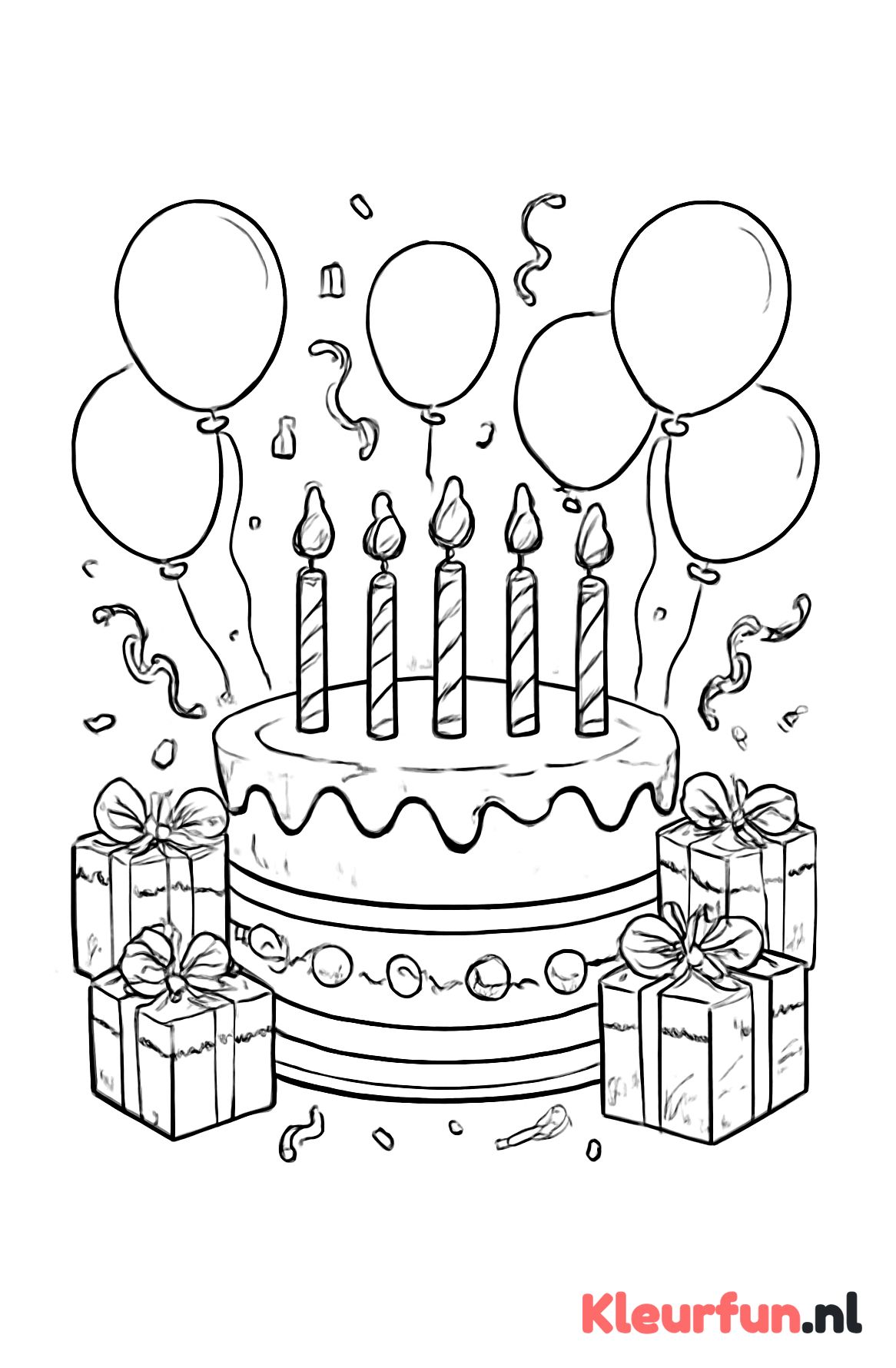 Verjaardagstaart met ballonnen en geschenken