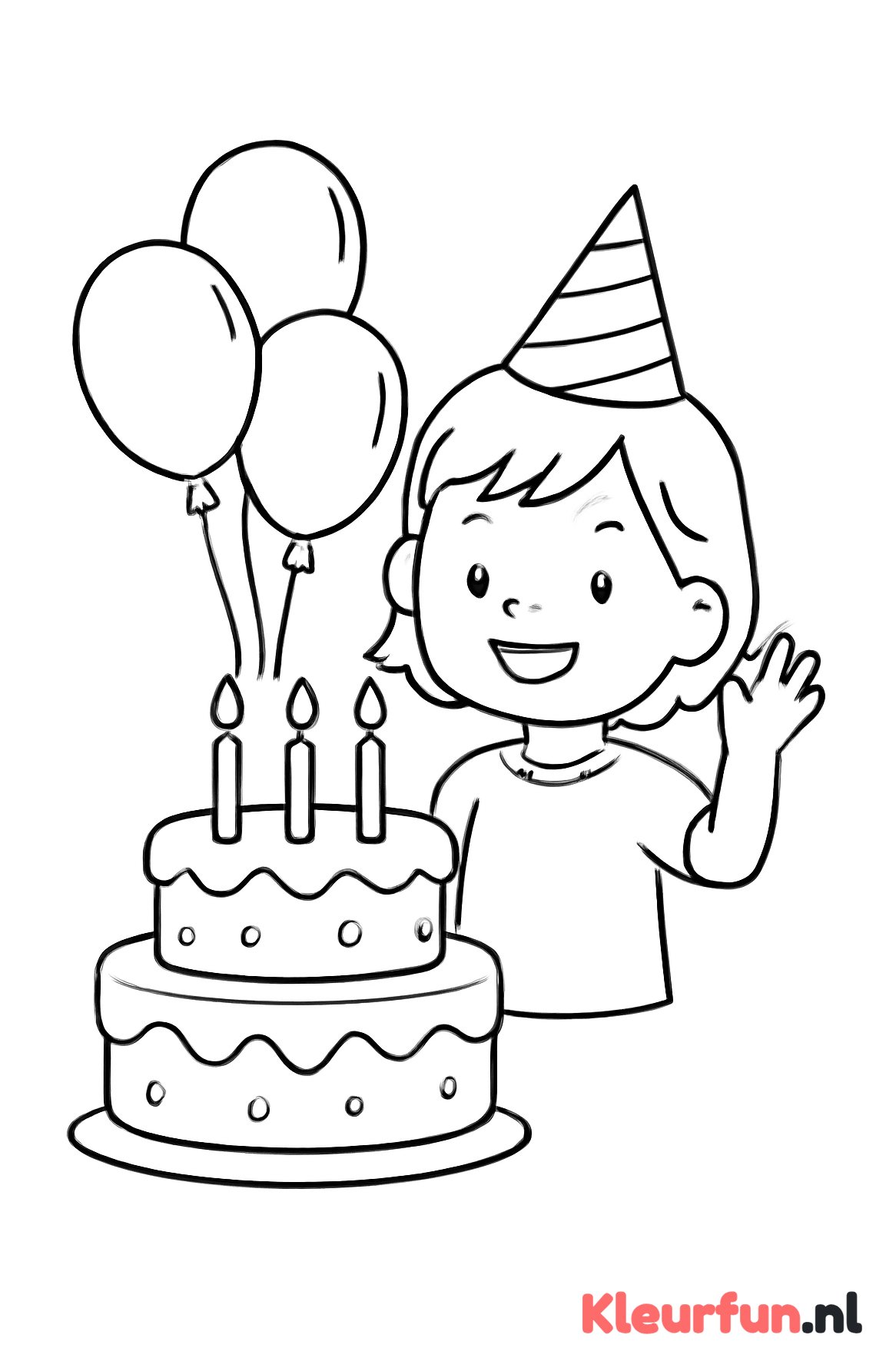 Verjaardagstaart met ballonnen en jarig kind
