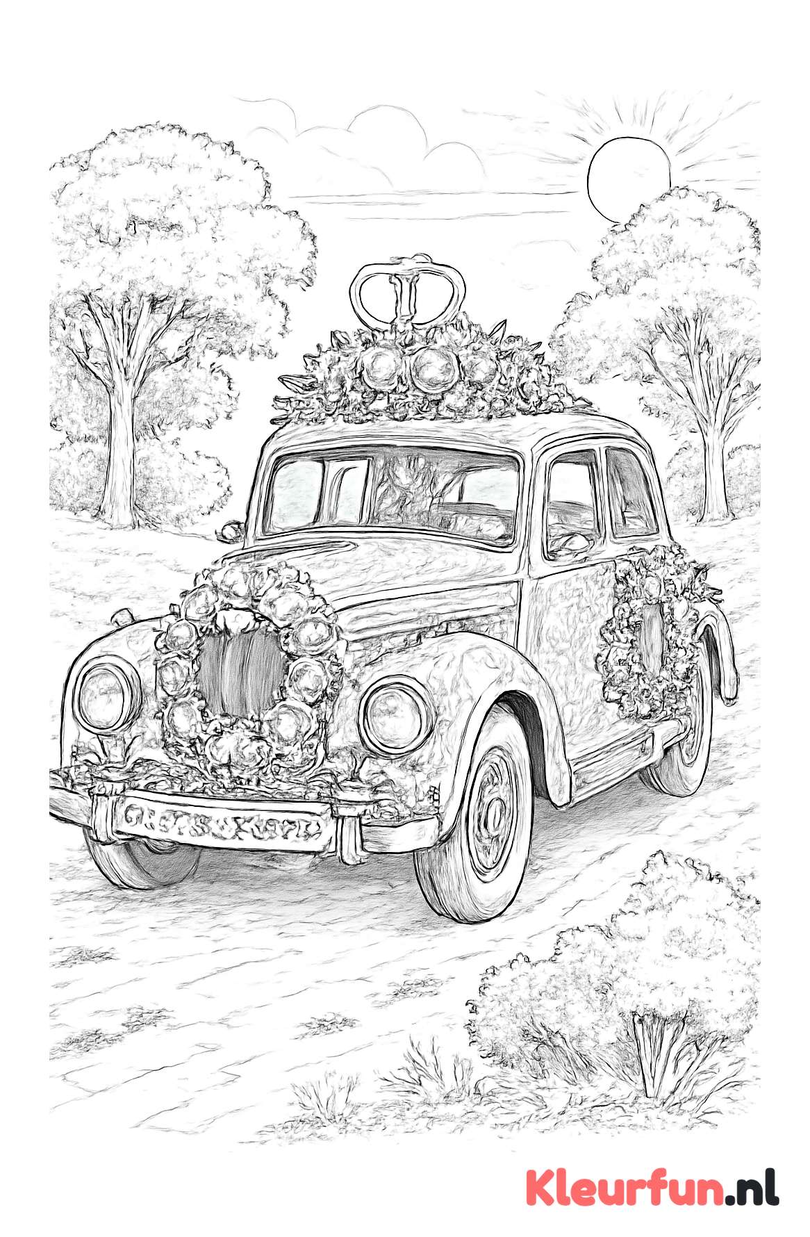 Versierde trouwauto in landschap