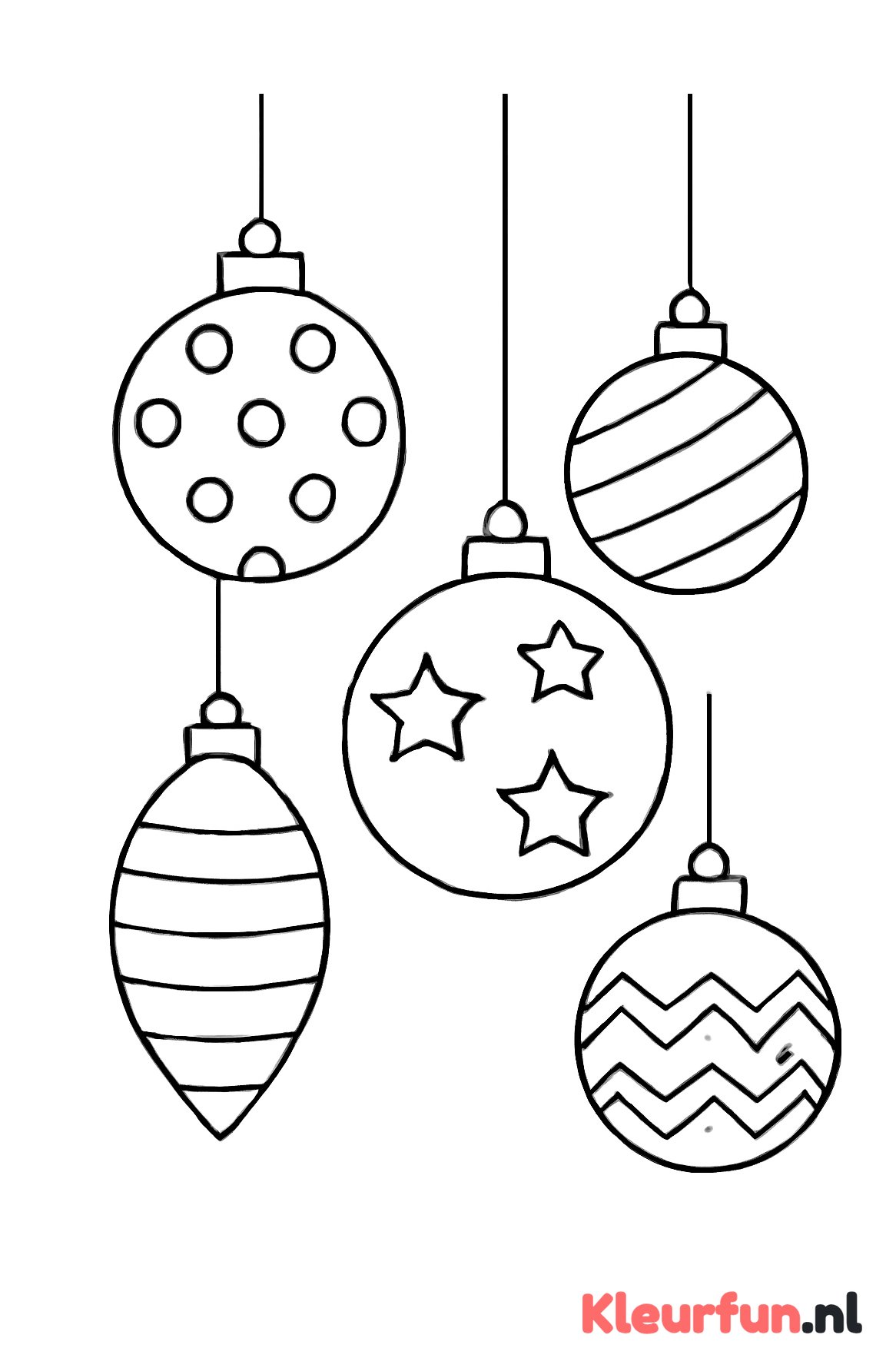 Vijf kerstballen met verschillende motieven