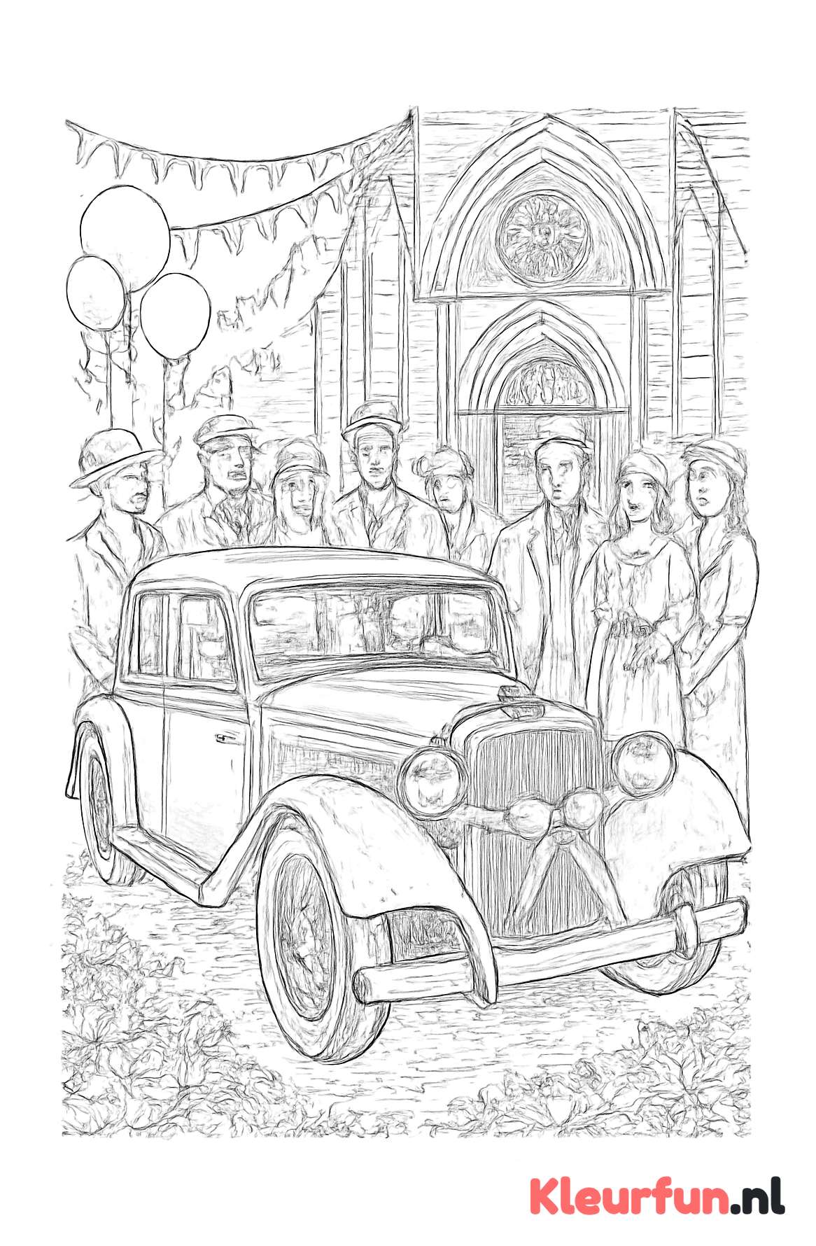 Vintage trouwauto voor kerk