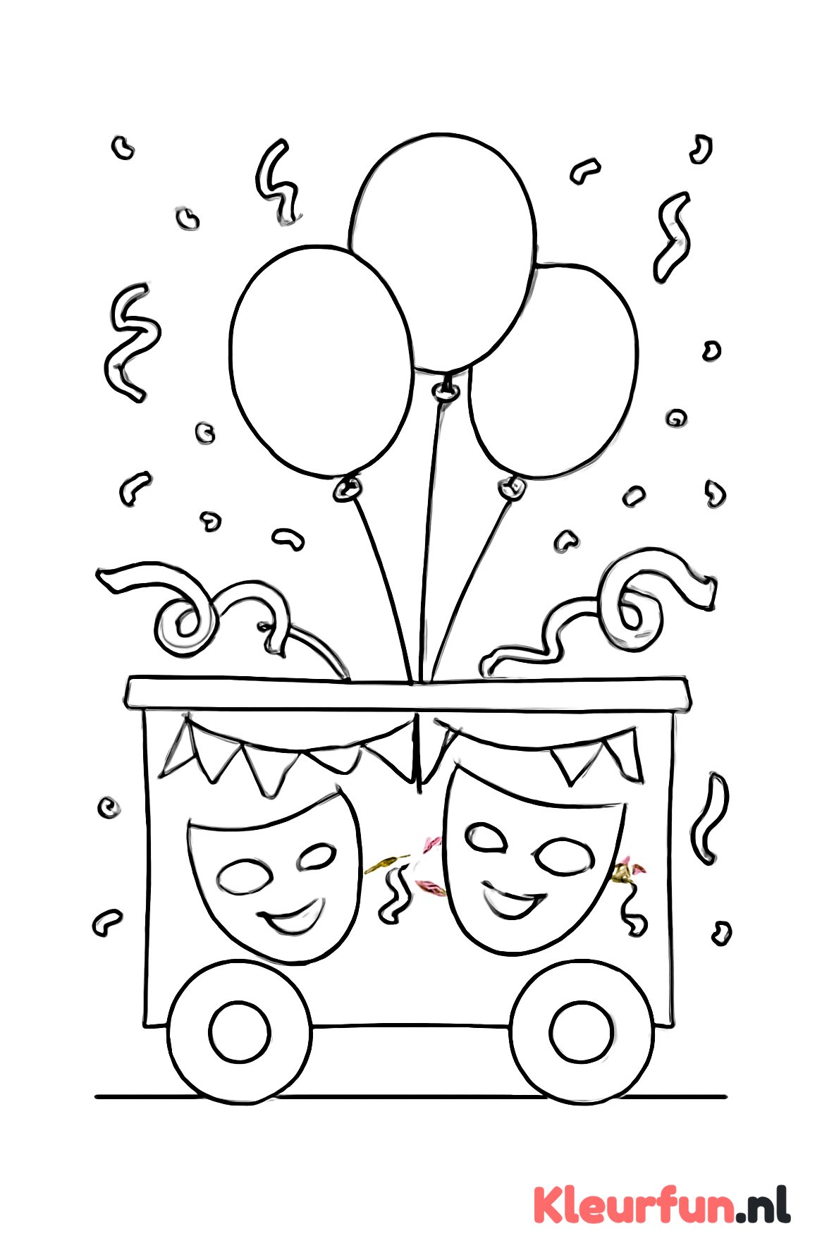 Vrolijke carnavalswagen met ballonnen en maskers
