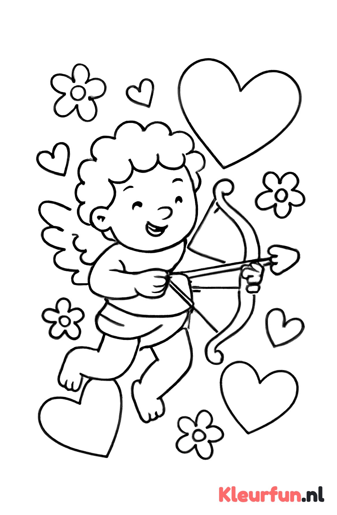 Vrolijke cupido met pijl en harten
