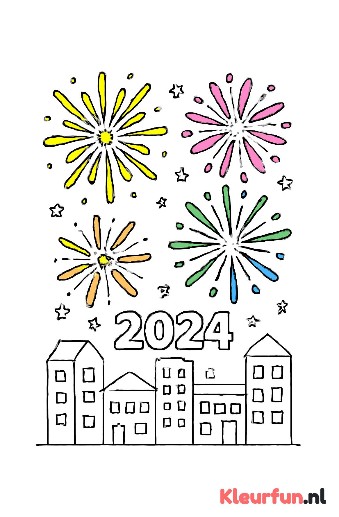 Vuurwerk boven stad bij nieuwjaar