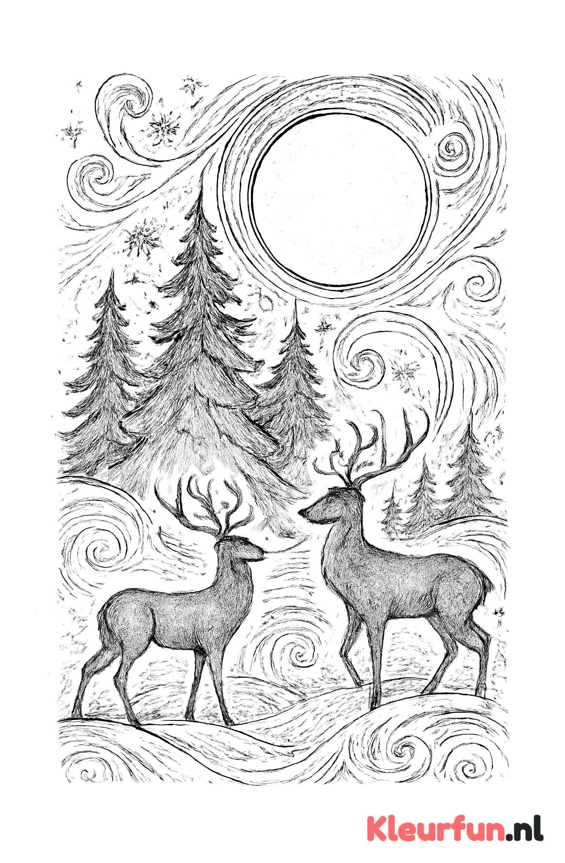 Winterlandschap met rendieren en maan