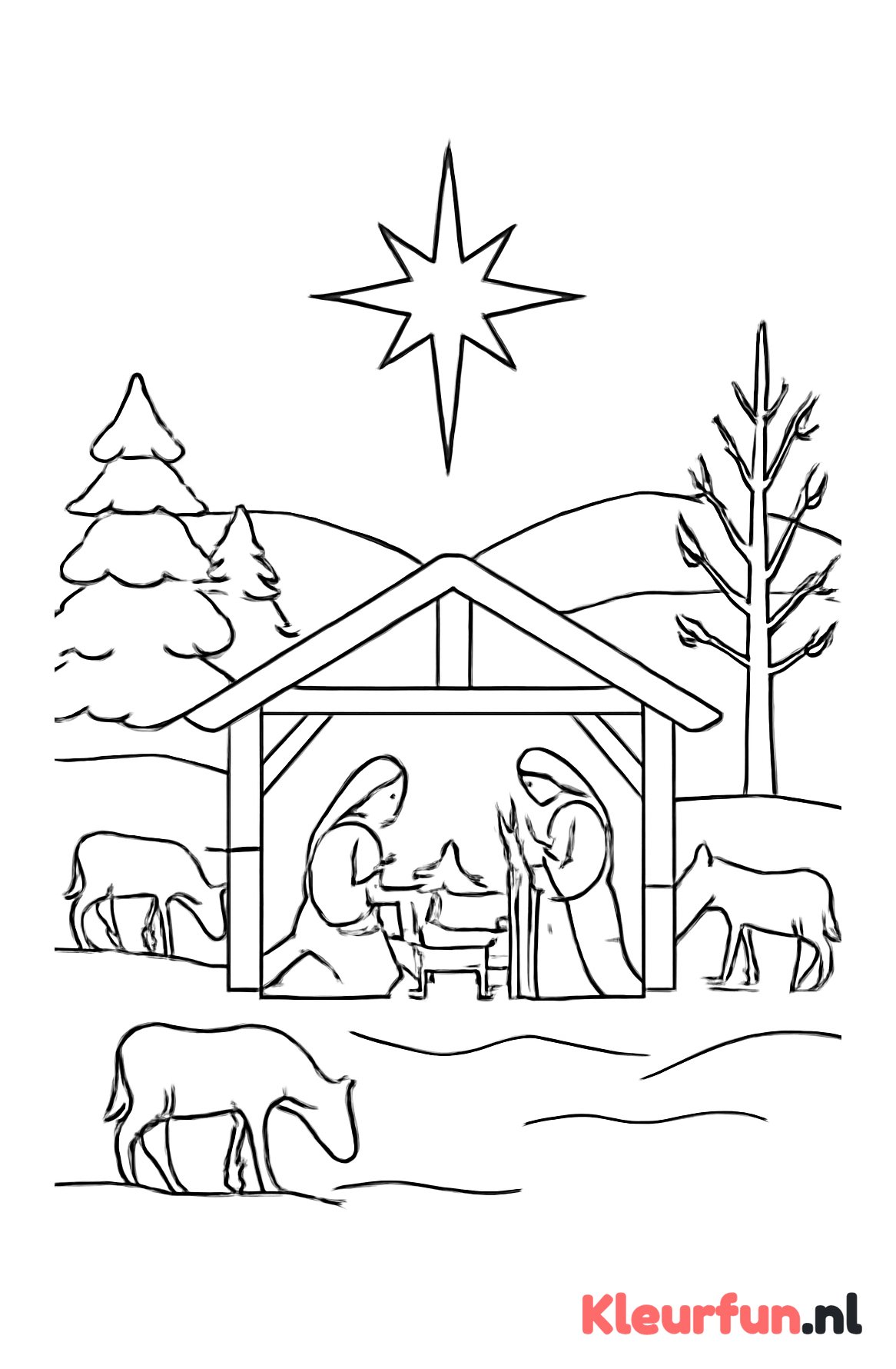 Kerststal in winters landschap