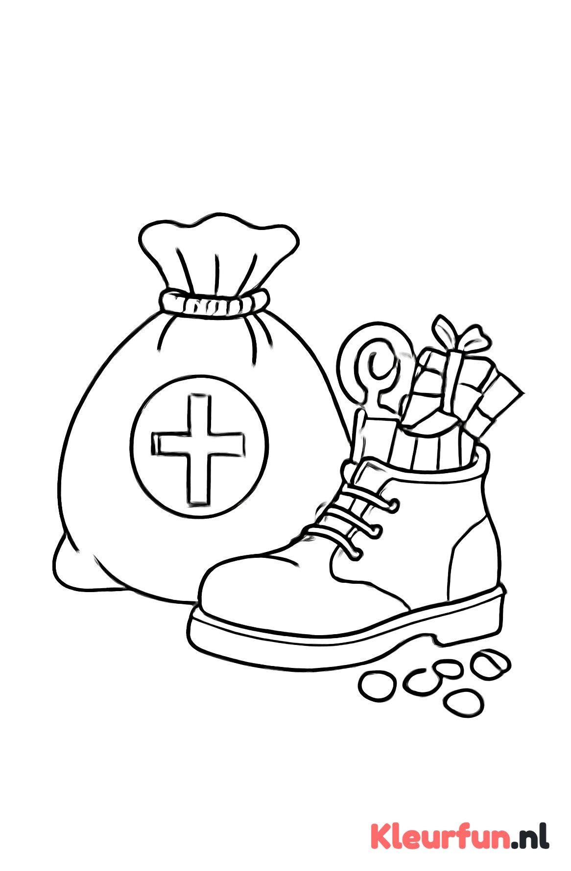 Zak en schoen met cadeaus en snoep