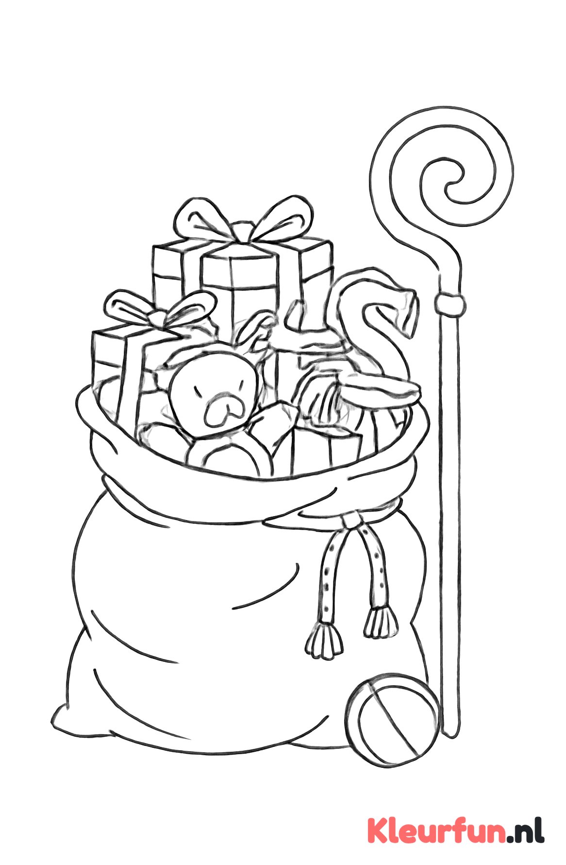 Zak van Sinterklaas vol cadeaus in lijntekening
