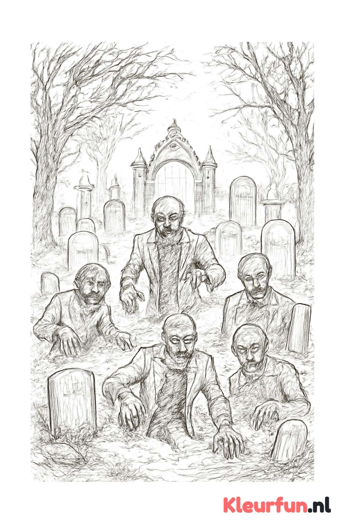 Zombies op de begraafplaats met mist