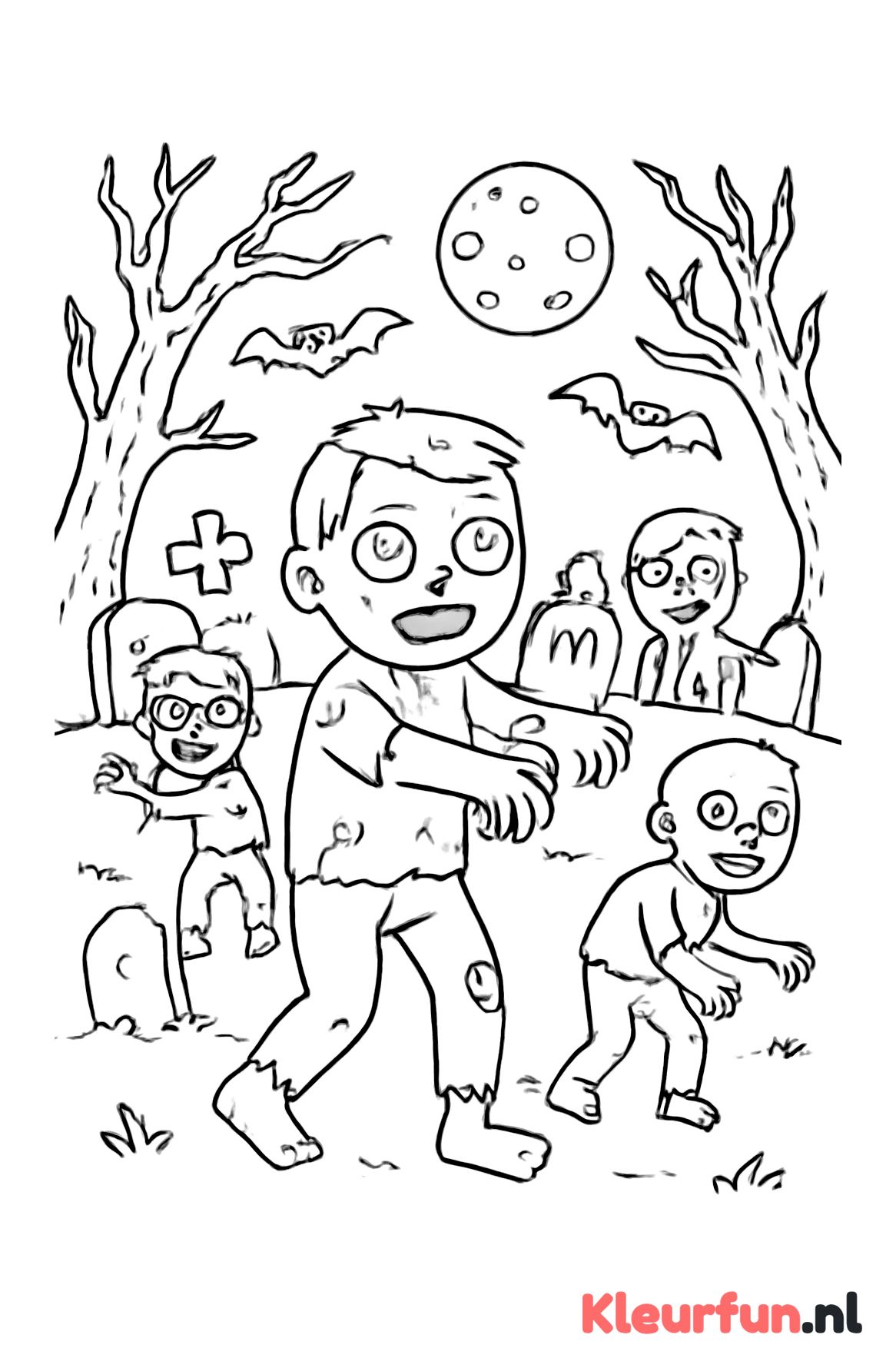 Zombies op een spookachtig kerkhof met griezelige bomen