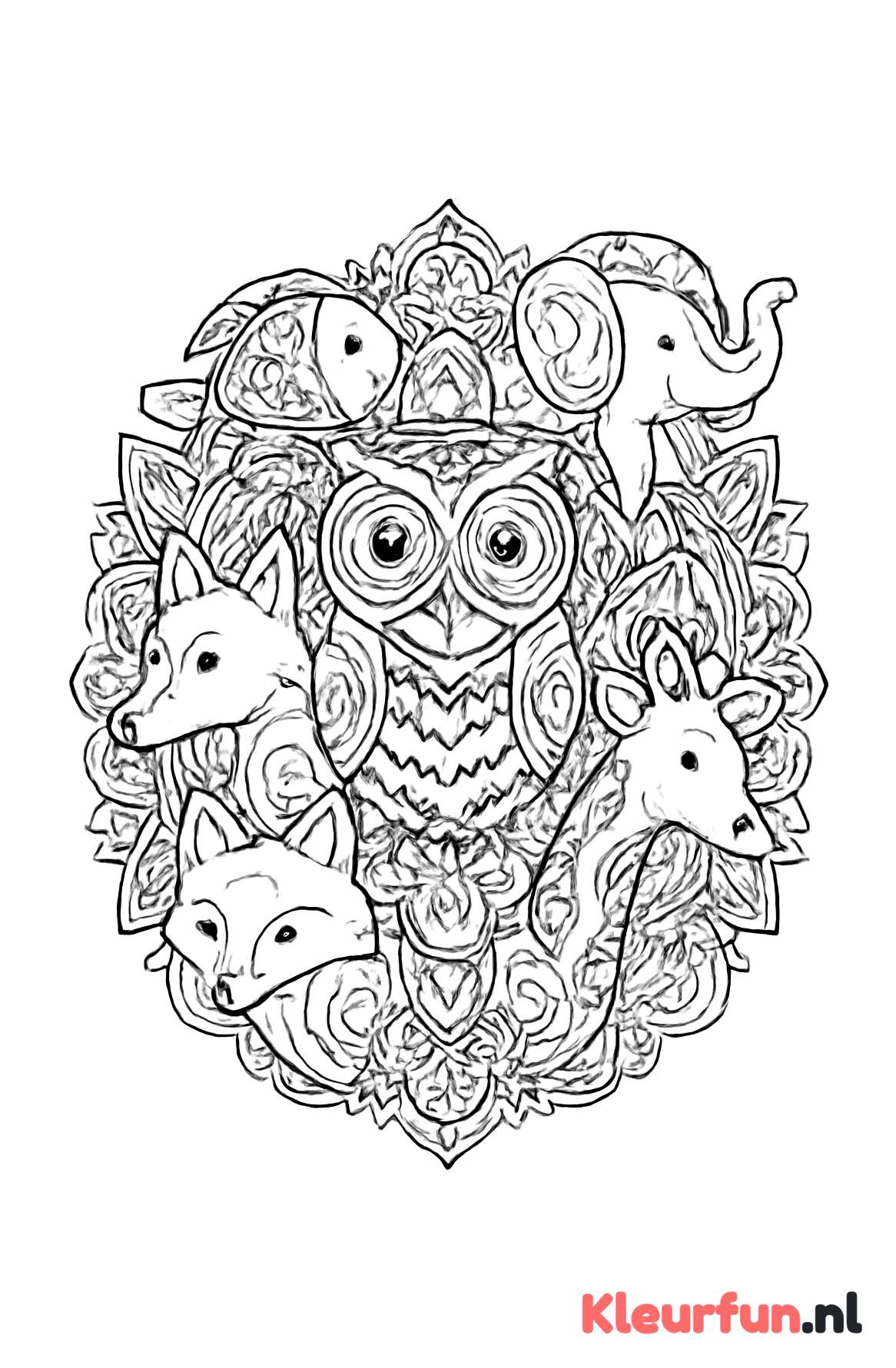 Fantasiedieren mandala met verschillende patronen