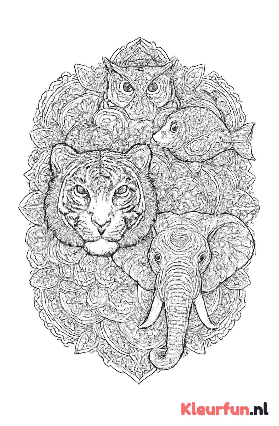 Complexe mandala met diverse wilde dieren