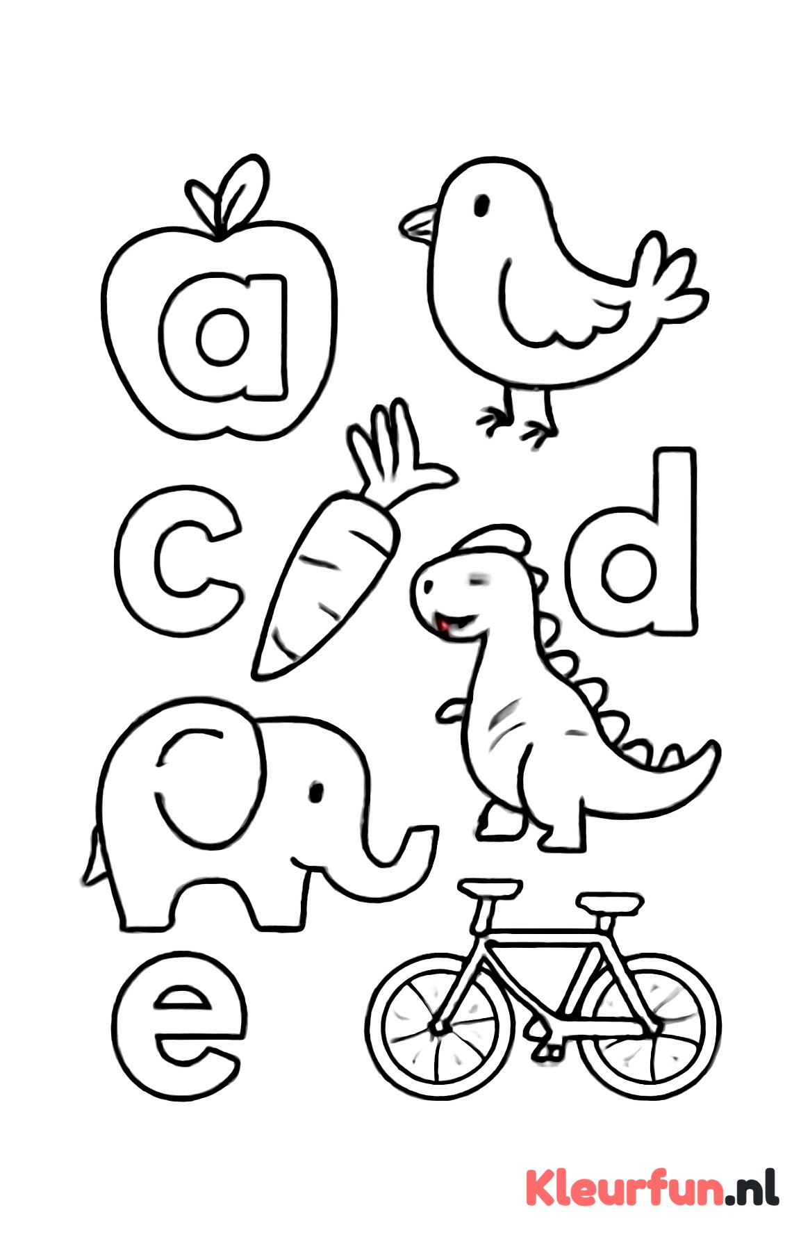 Kleine letters a tot f met eenvoudige illustraties