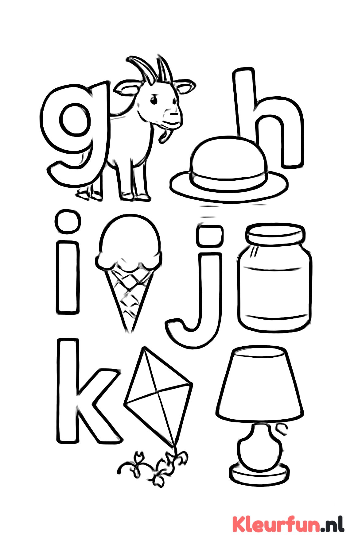 Kleine letters g tot l met herkenbare voorwerpen