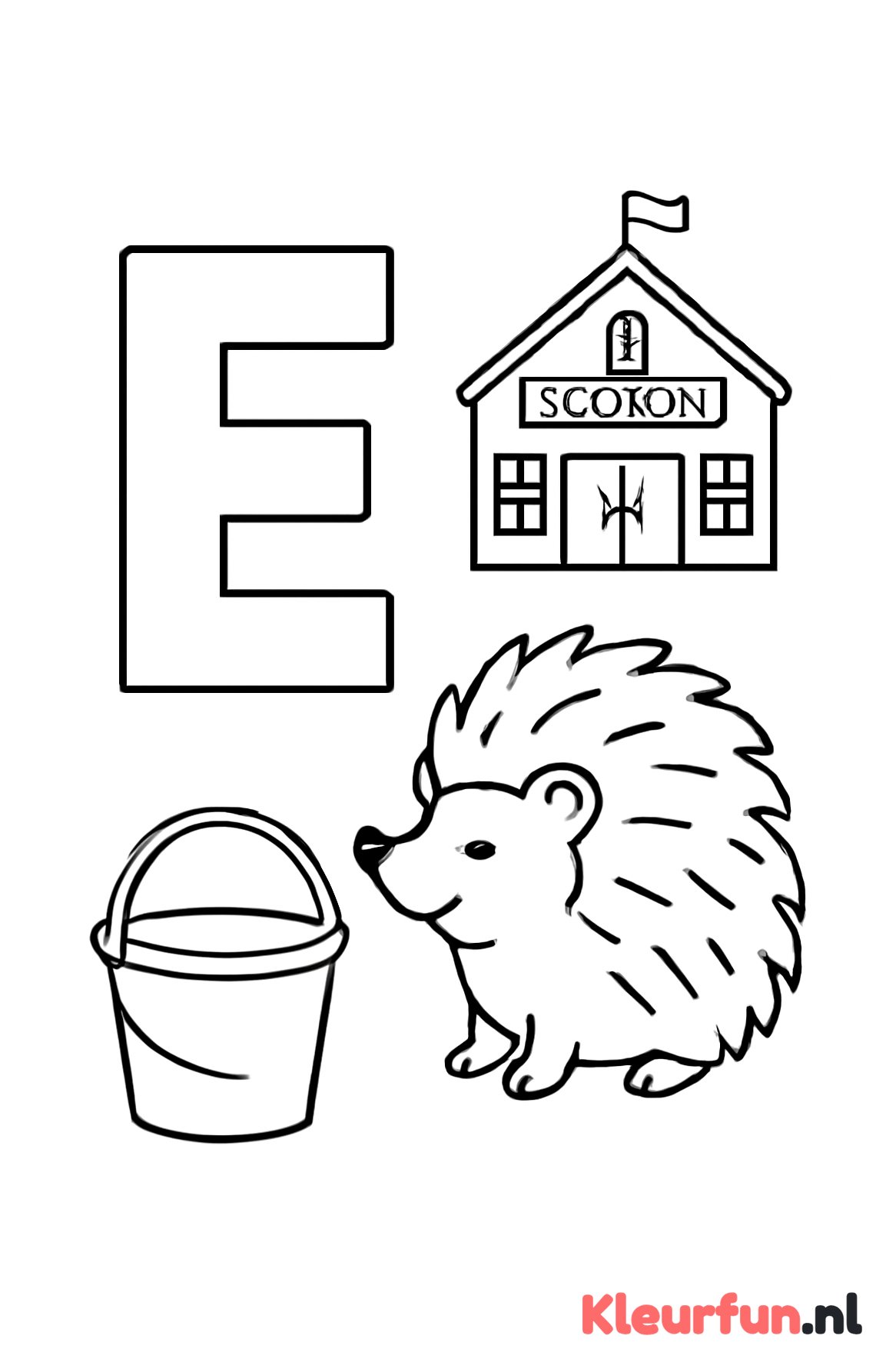 Letter E met dieren en objecten