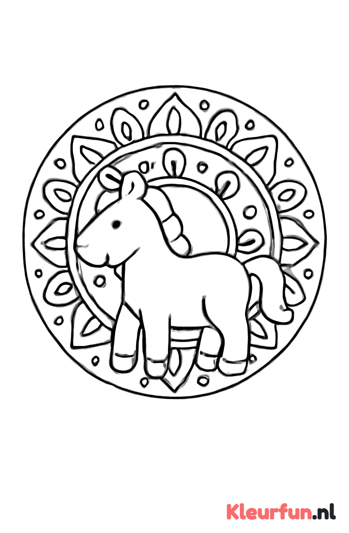 Eenvoudige paarden mandala kleurplaat voor peuters