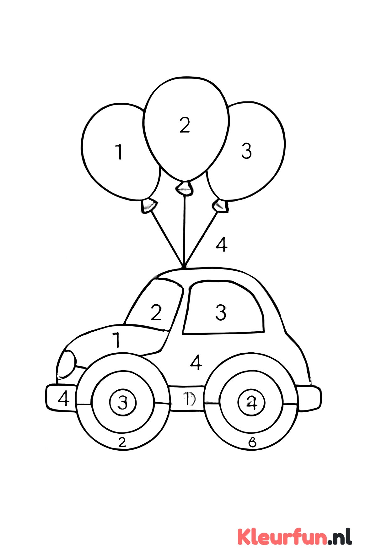 Speelgoedauto en ballonnen kleurplaat op nummer