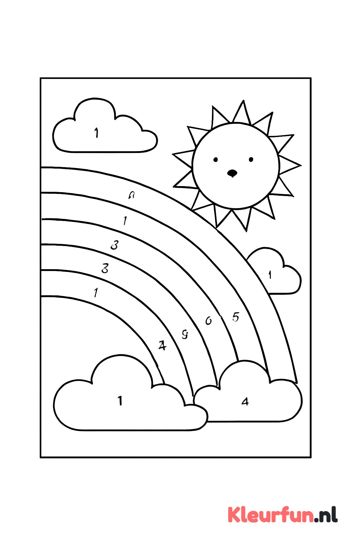 Zon, wolken en regenboog kleurplaat op nummer