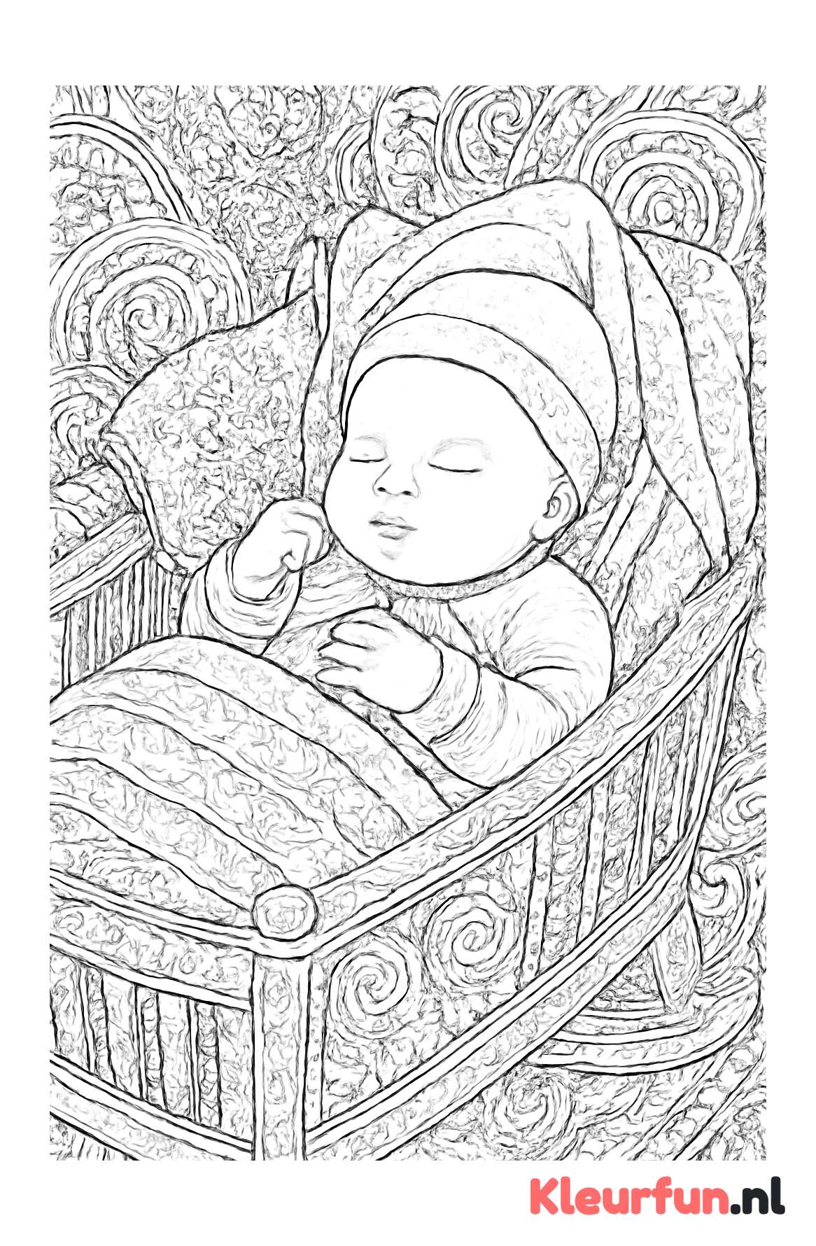 Baby in wieg met gedetailleerde patronen