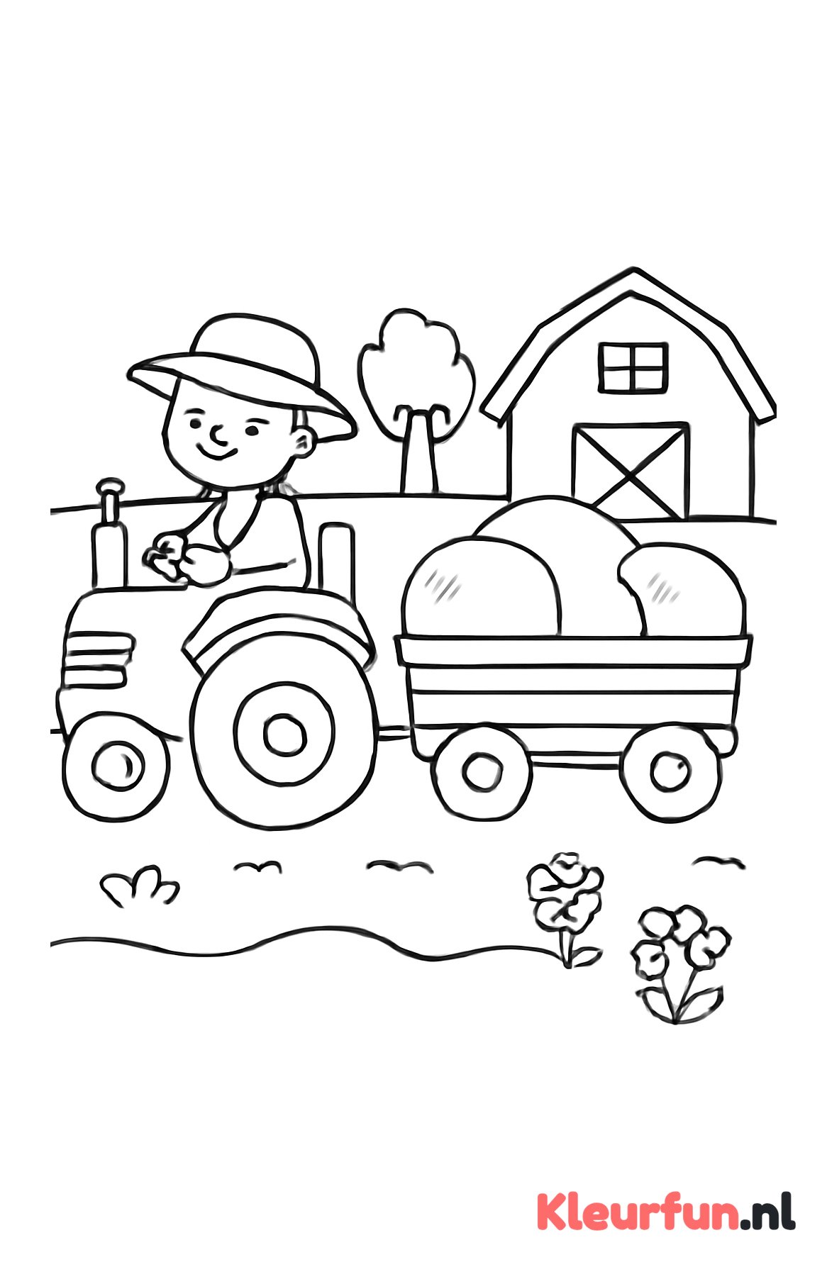 Boer op tractor met hooi op de boerderij