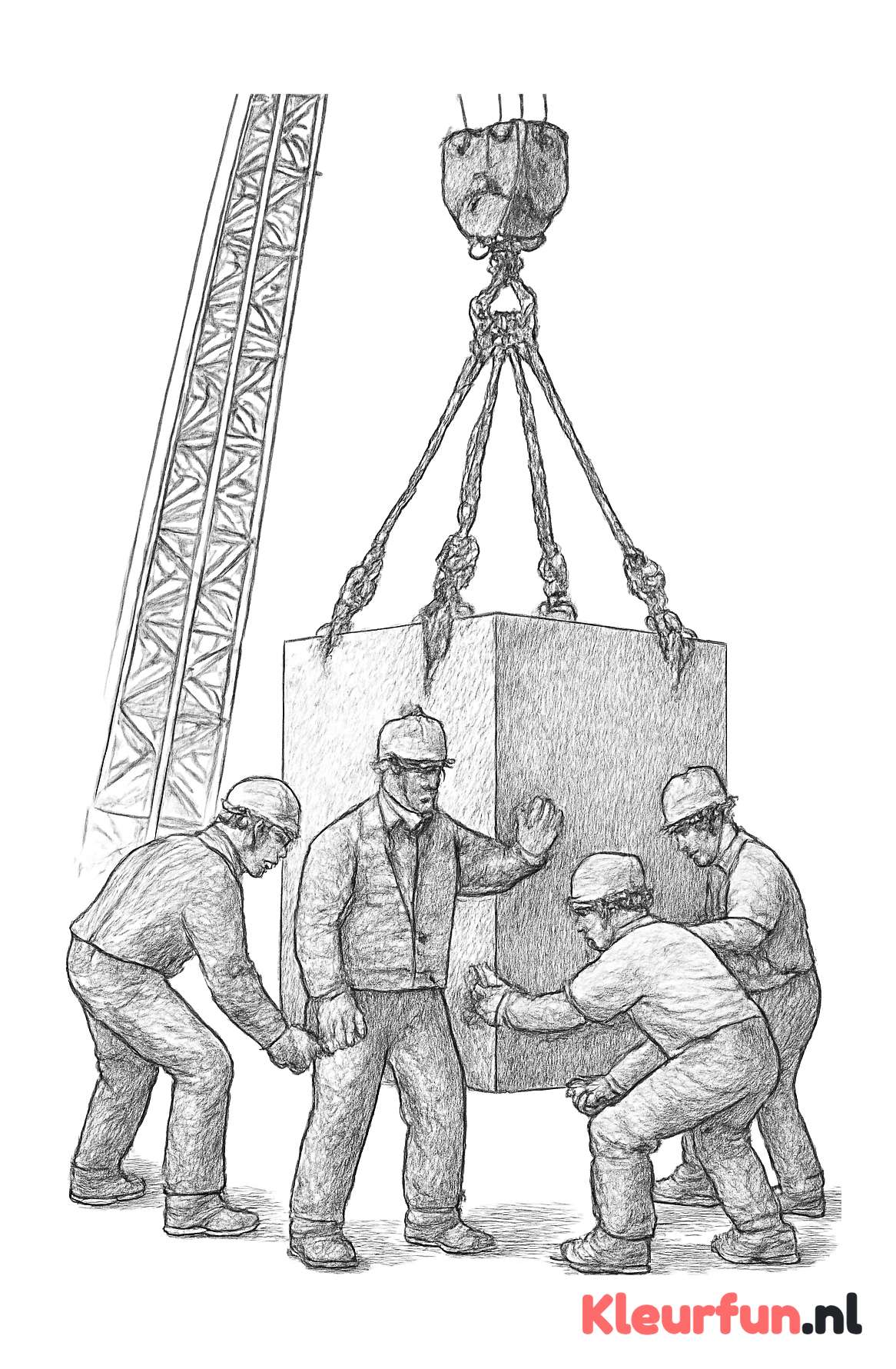 Bouwvakkers hijsen betonblok