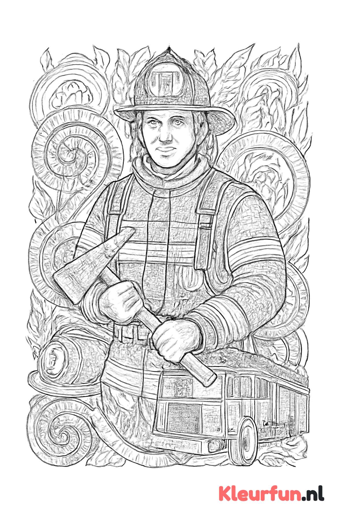 Brandweerman in uniform met gereedschap - complex lijnwerk