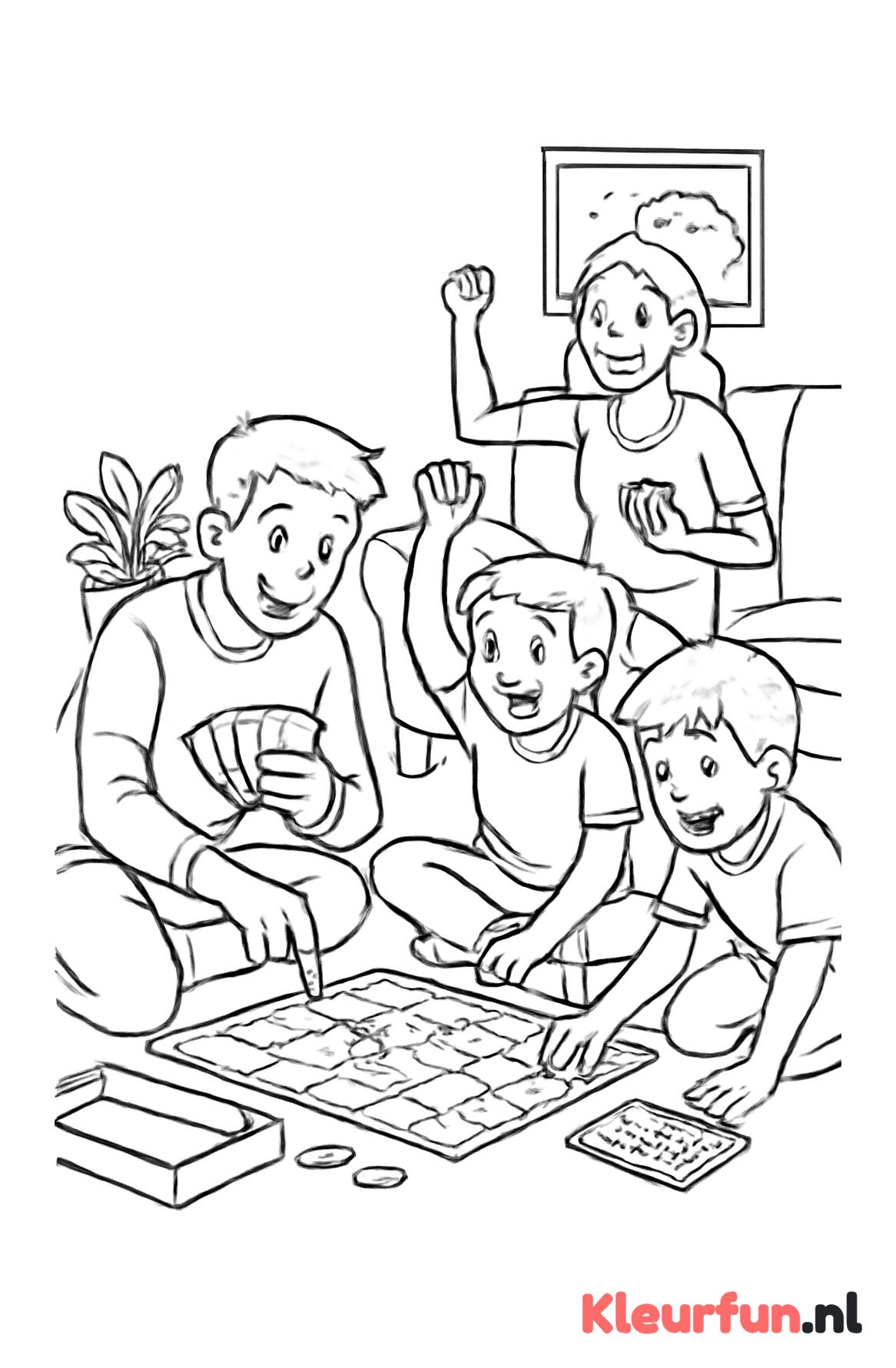 Familie speelt spelletjes in de woonkamer