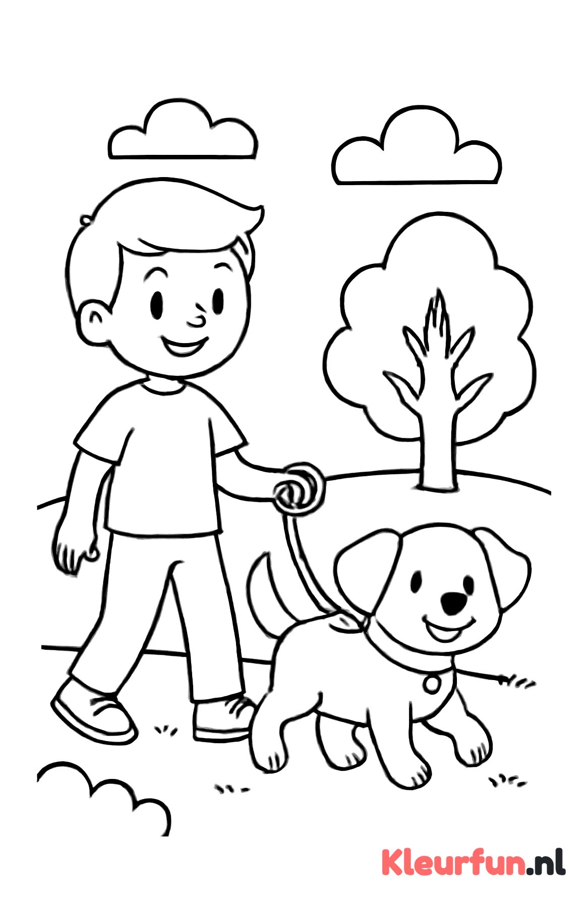 Jongen laat hond uit