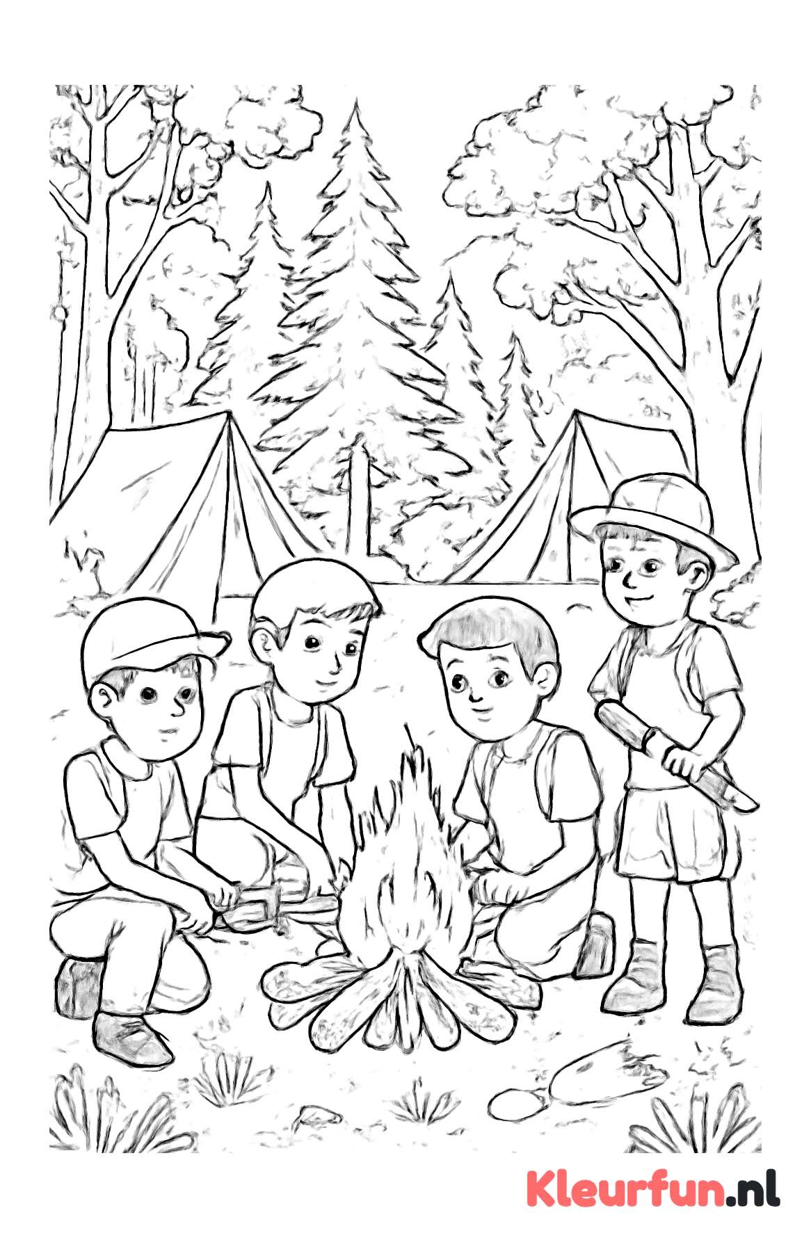 Jongens bij het kampvuur in het bos