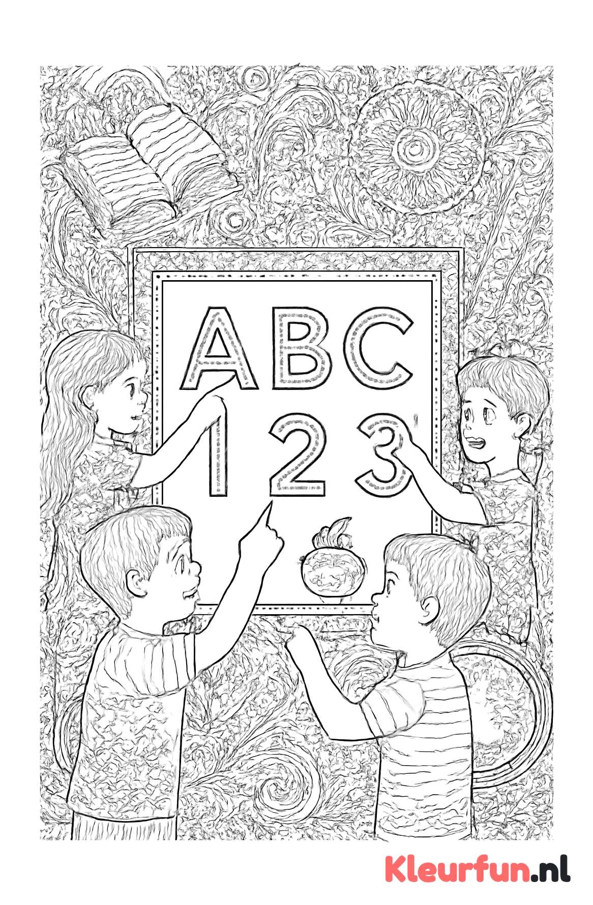 Kinderen leren letters en cijfers aan een bord