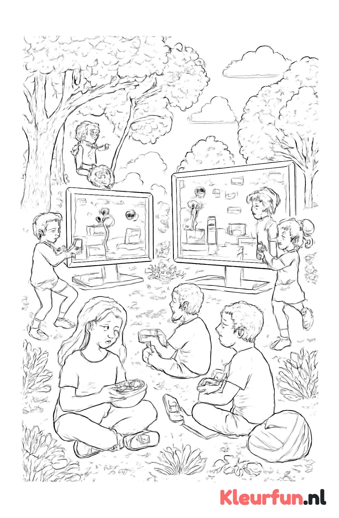 Kinderen spelen computerspelletjes in het park
