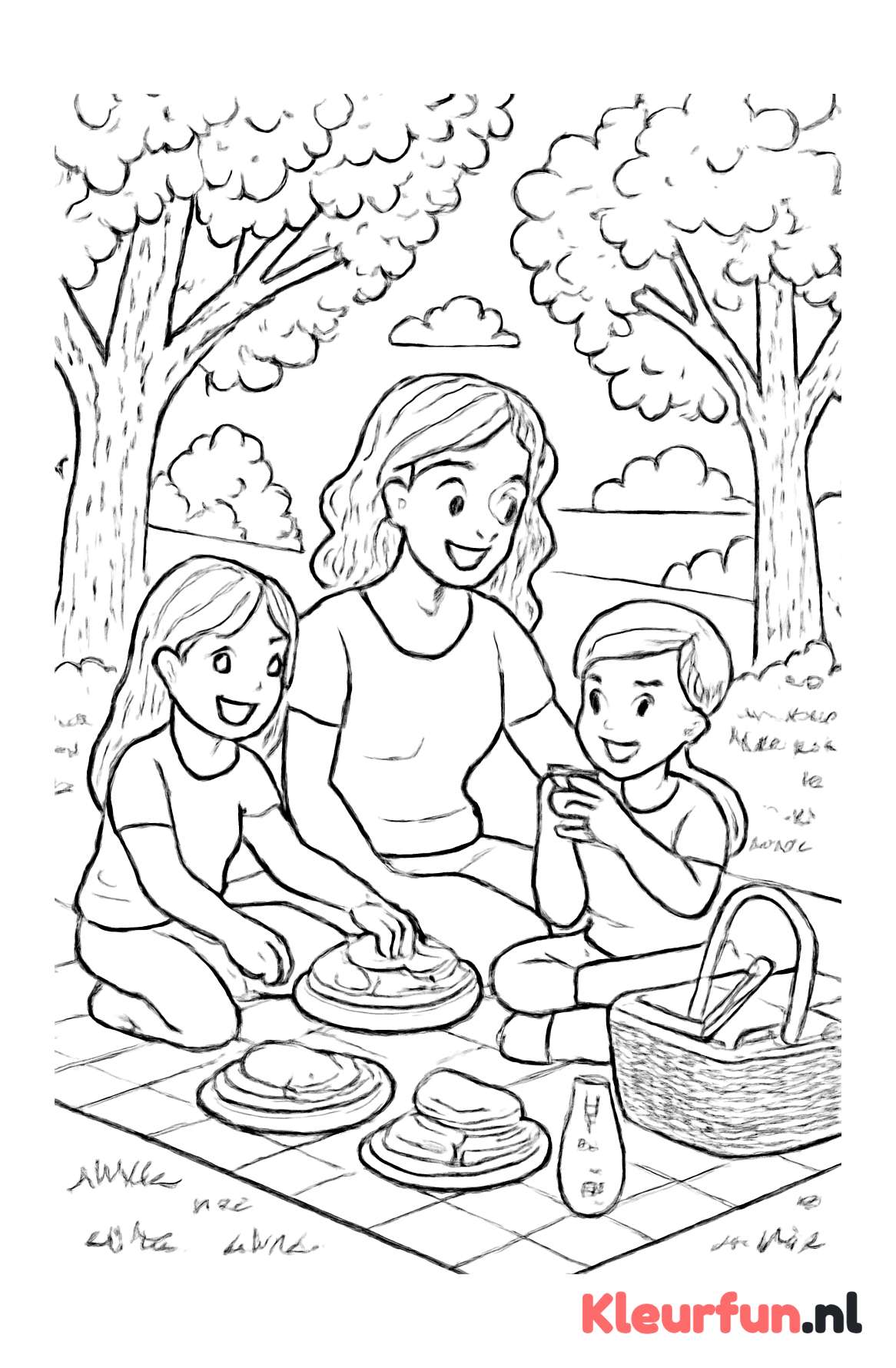 Mama en kinderen picknicken buiten