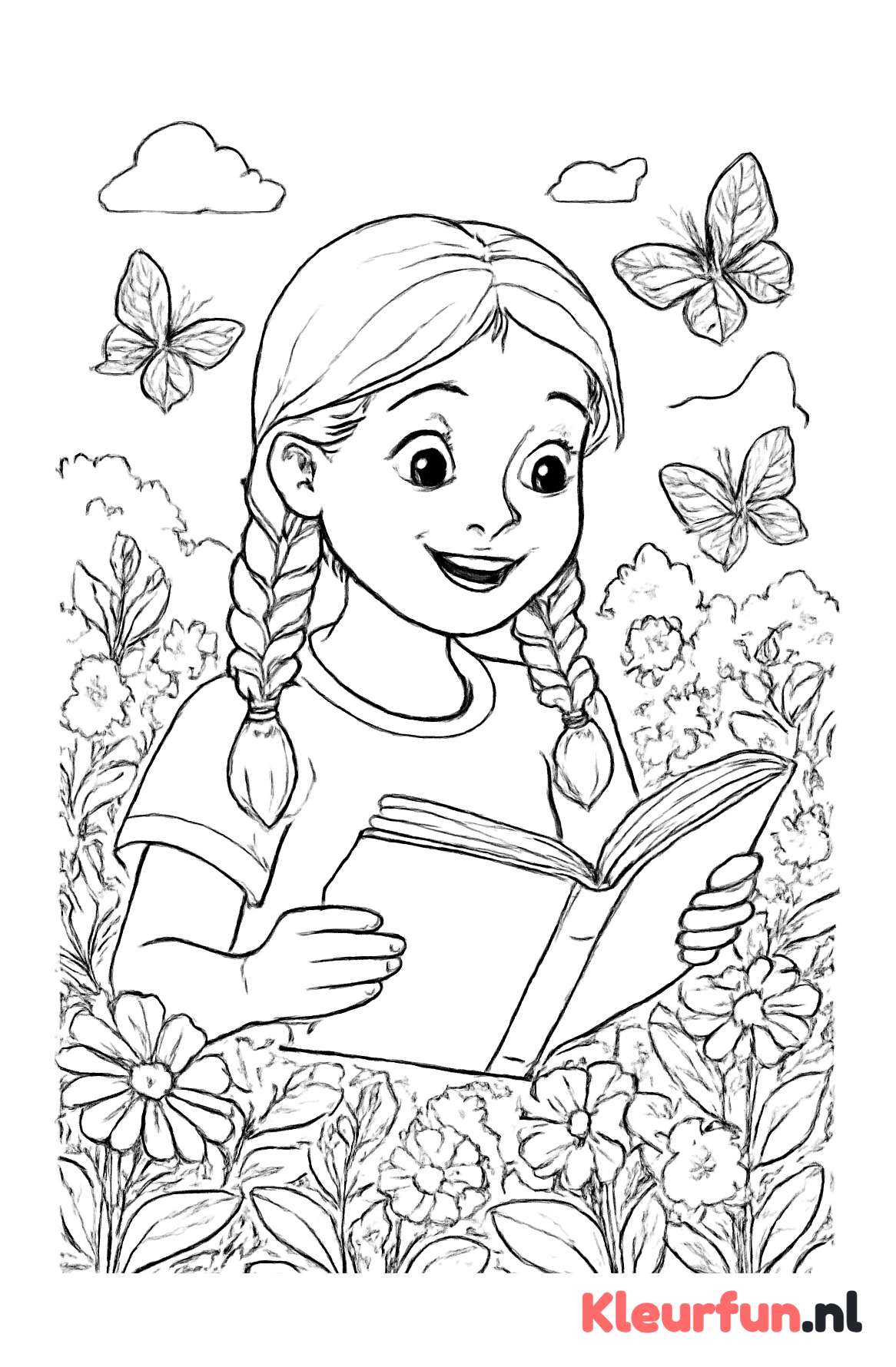 Meisje leest een boek in de tuin