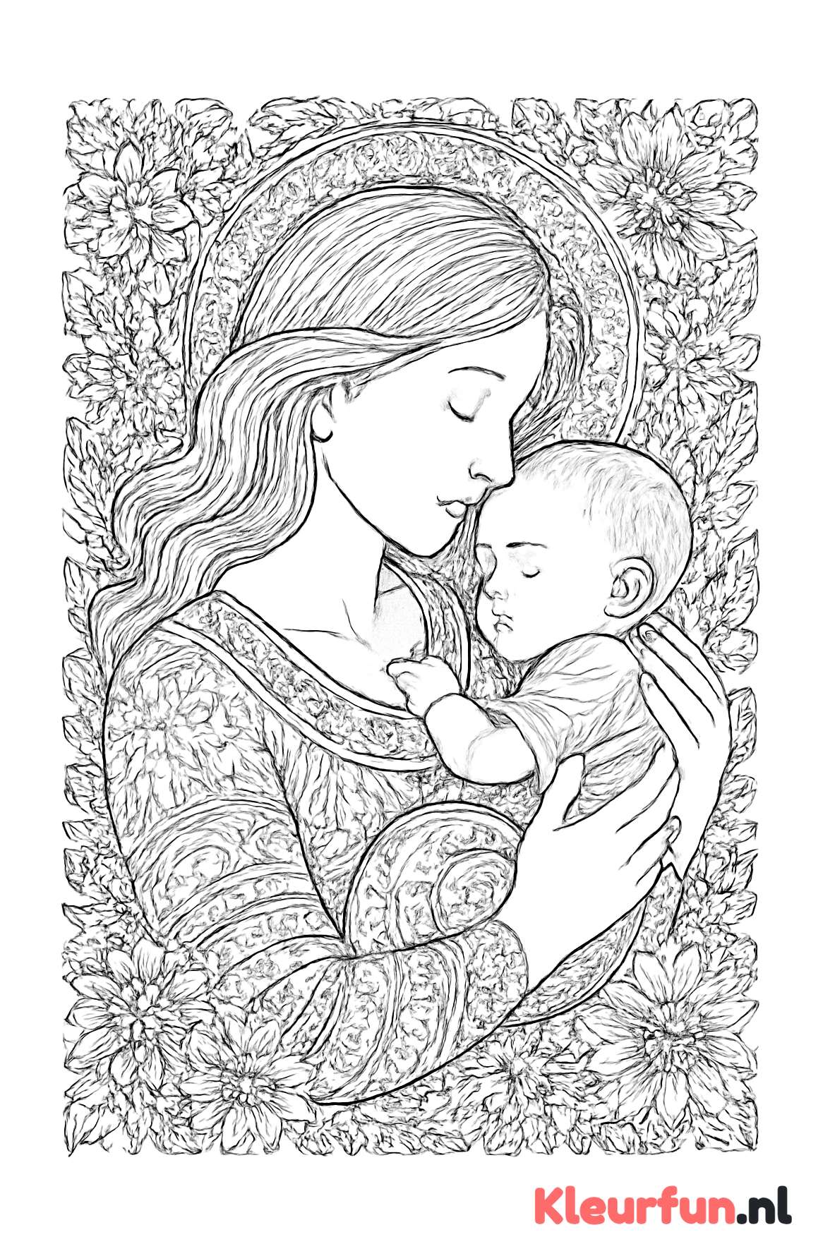 Moeder die baby vasthoudt omarmd met bloemen