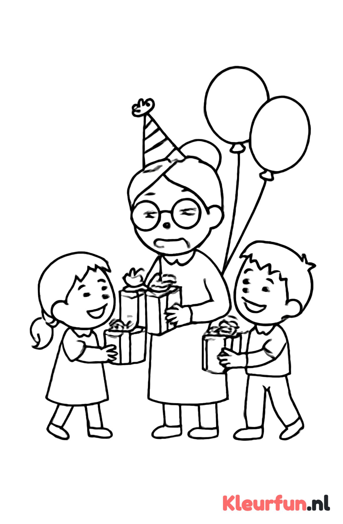 Oma met ballonnen en cadeautjes