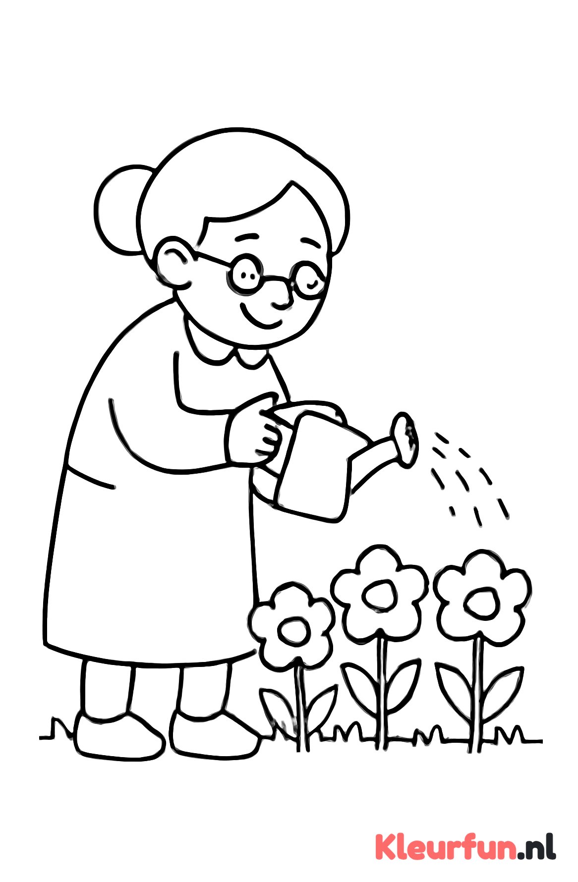 Oma geeft bloemen water