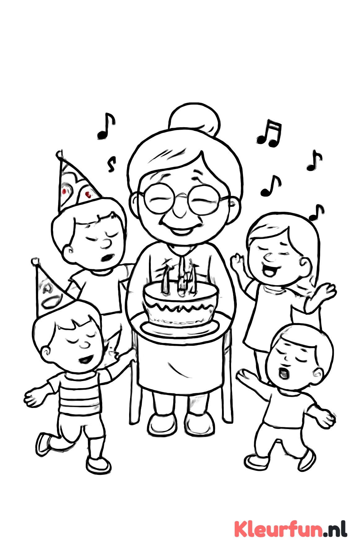 Oma met zingende en dansende kleinkinderen