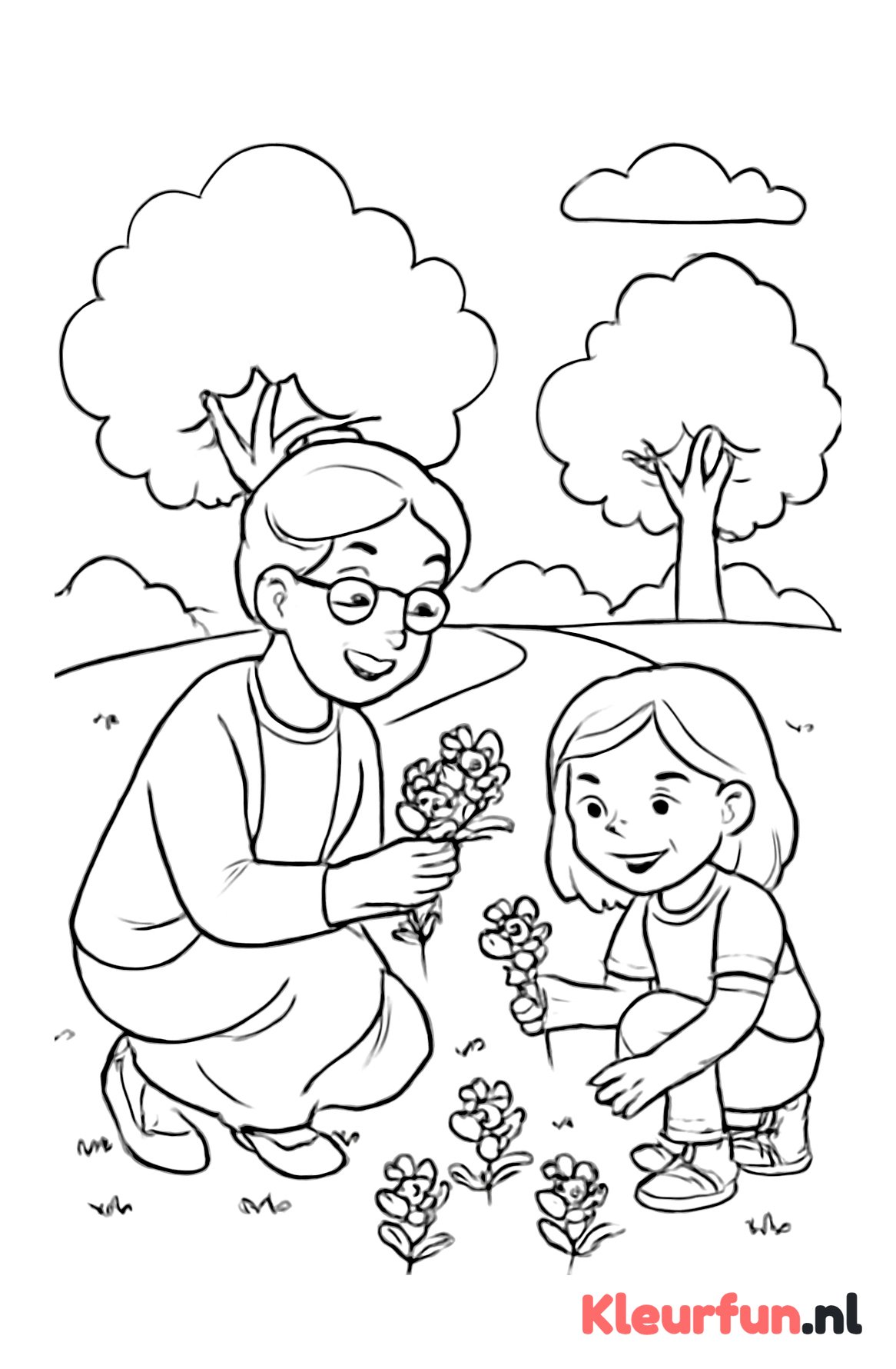 Oma en kleinkind plukken bloemen