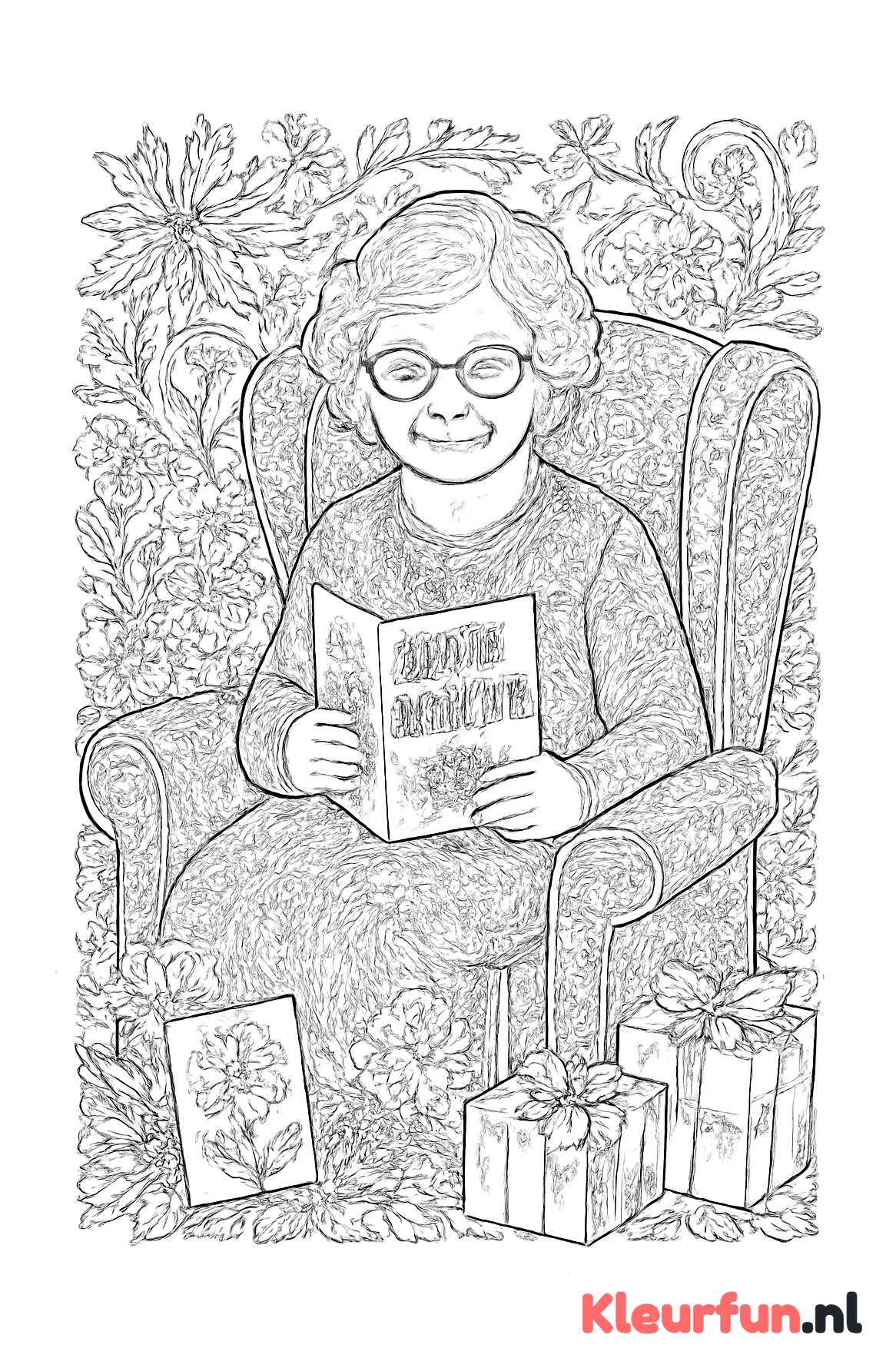 Oma in fauteuil met bloemen en cadeaus