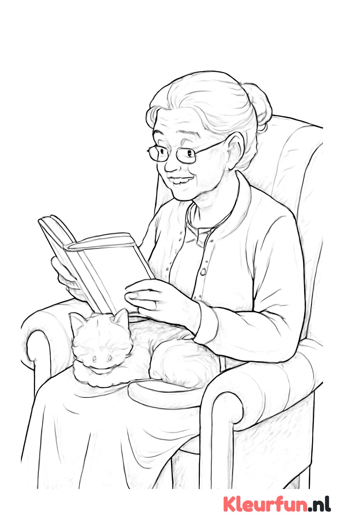 Oma leest een boek met haar kat