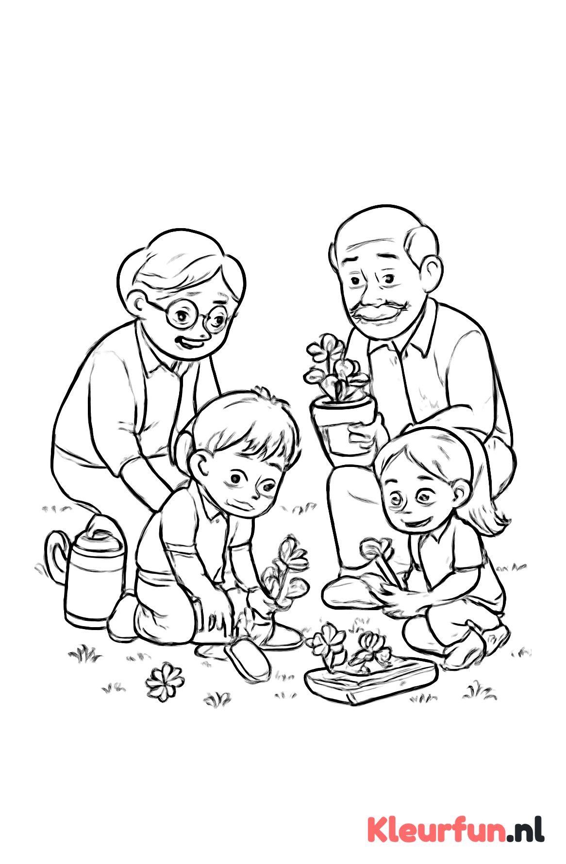 Oma en opa planten bloemen met kleinkinderen
