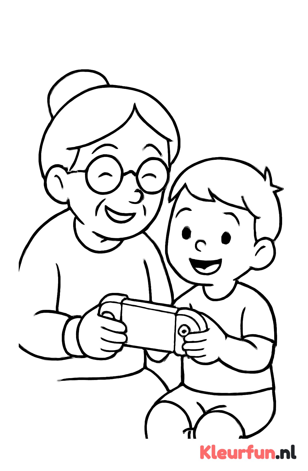 Oma speelt draadloos spel met kleuter