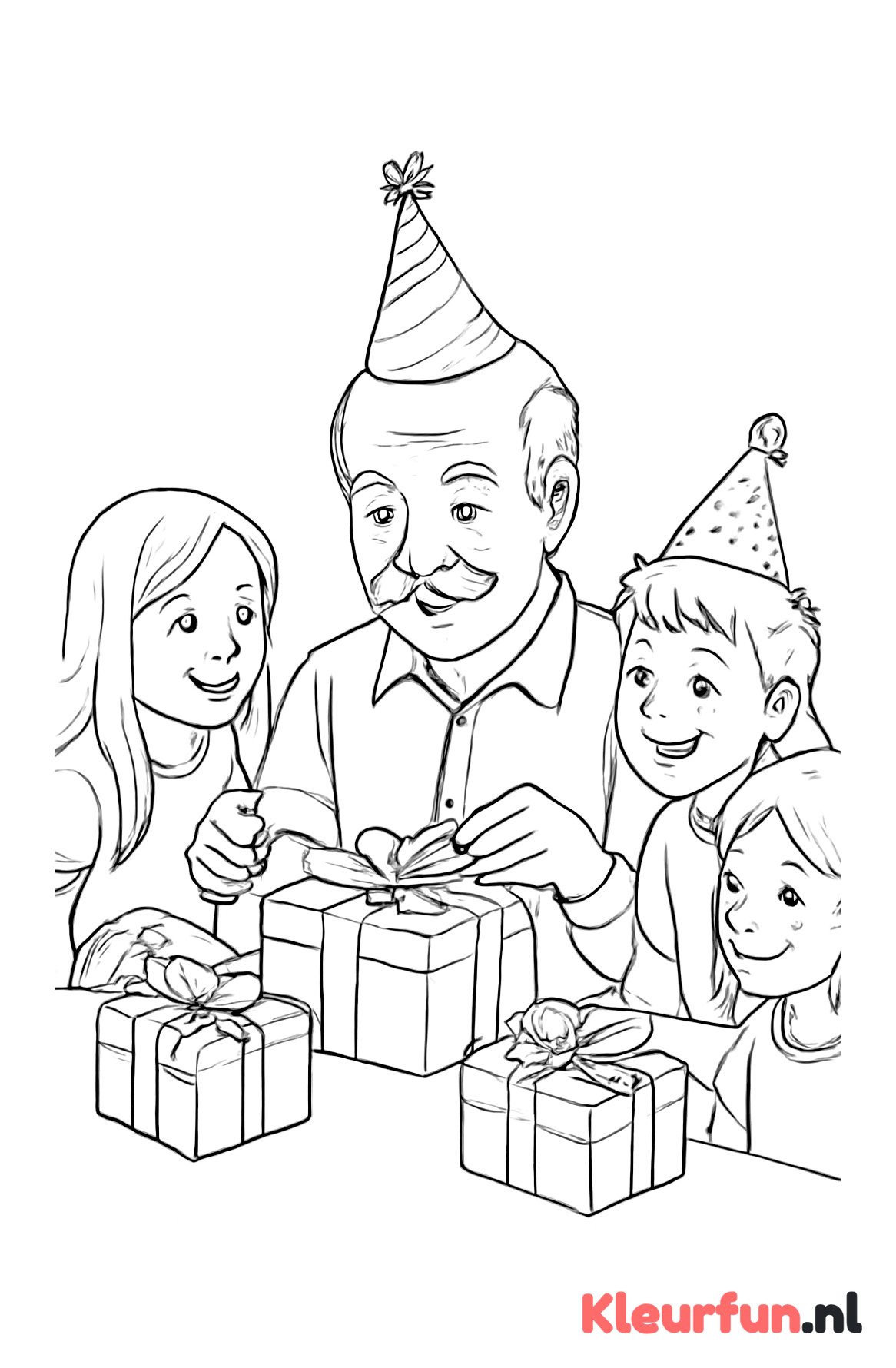 Oom pakt cadeaus uit op verjaardag